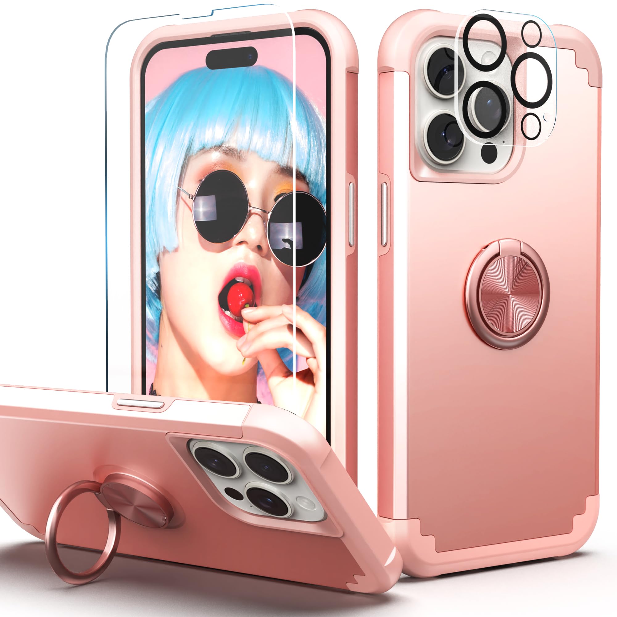 IDweel for iPhone 13 Pro Max Case with Screen Protector+360°Ring Holder Stand+Camera Lens Protector,2 in 1 Shockproof Slim Fit Hybrid Heavy Duty Hard PC Soft Silicone Bumper Full Body Case,Rose Gold