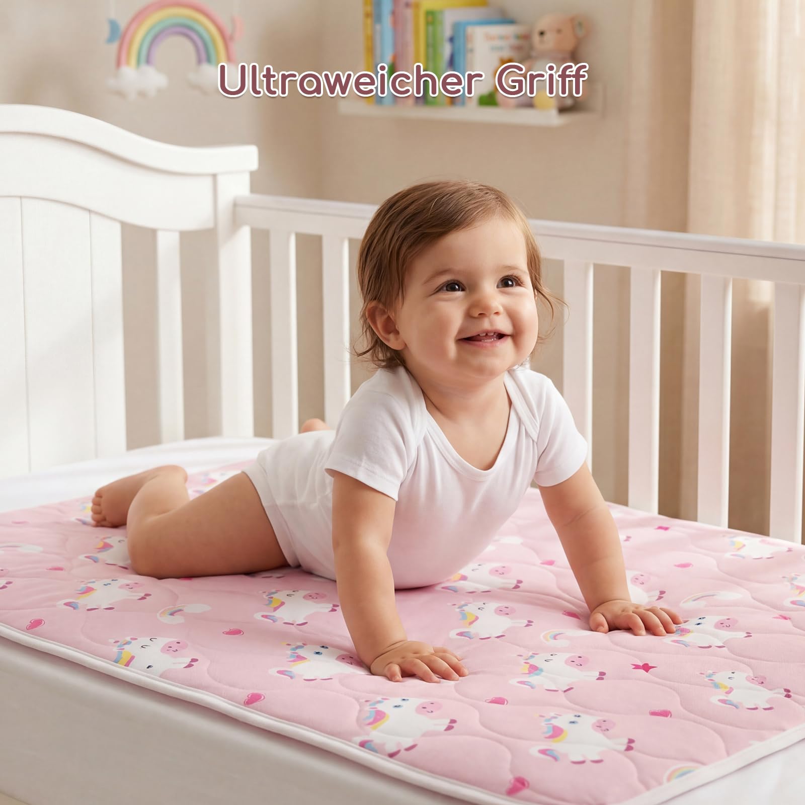 2er-Pack Bettunterlage Wasserdicht Kinder, Waschbar PIPI Unterlage Bett Kinder, Betteinlage Inkontinenz Bettunterlage 75x90 cm (Rosa Einhorn)