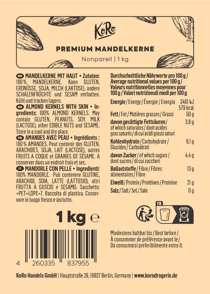KoRo - Mandorle Premium 1 kg - Mandorle con buccia - Al naturale - Varietà nonpareil - Ideale per cucinare o come snack