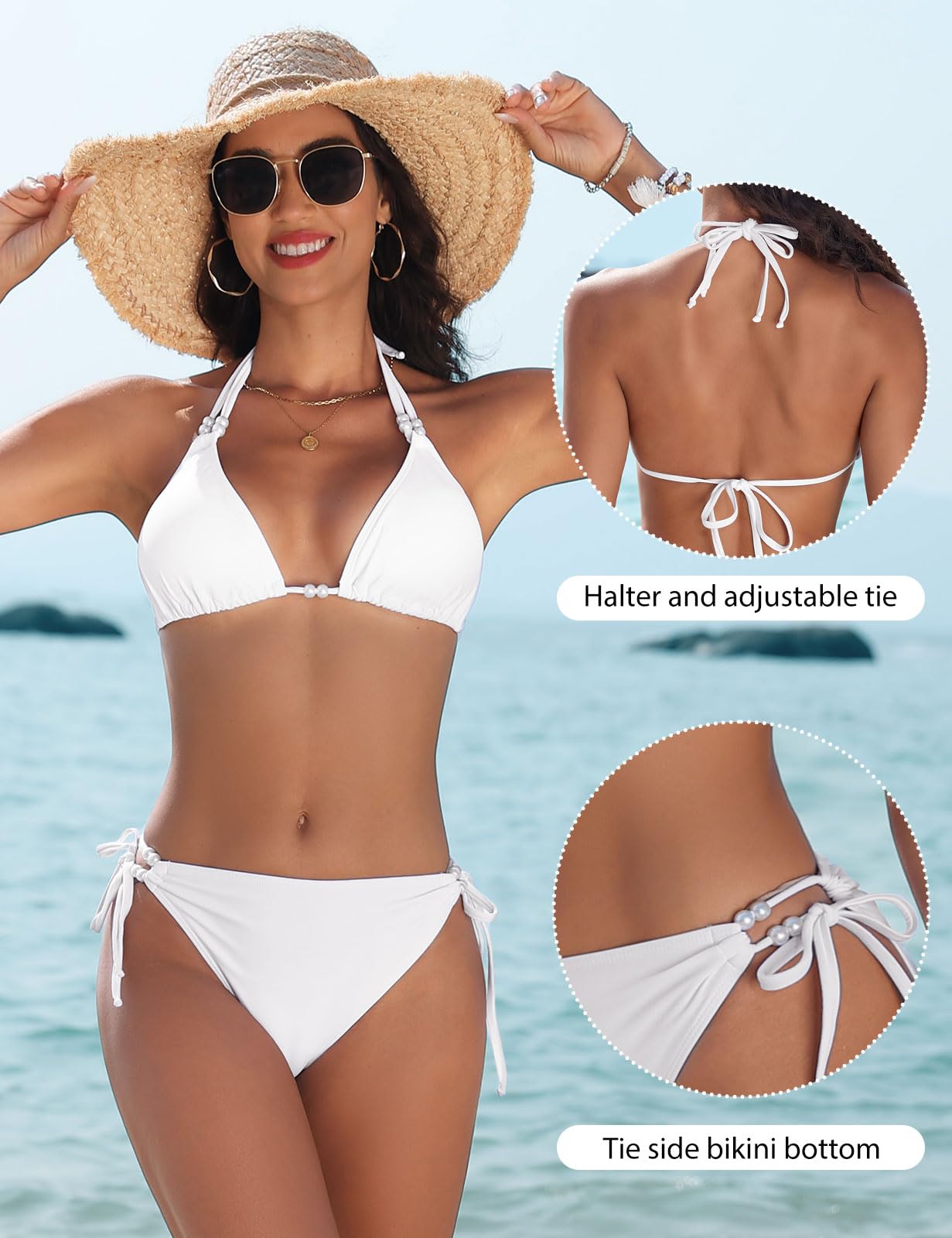 CMTOP Bikini Damen Set Neckholder Triangel Bikini Badeanzüge String Bikini Verstellbare Schnürung Hohe Taille Kordelzug Bikinihose Sexy Swimsuit Zweiteiliger Badeanzug mit Perlen