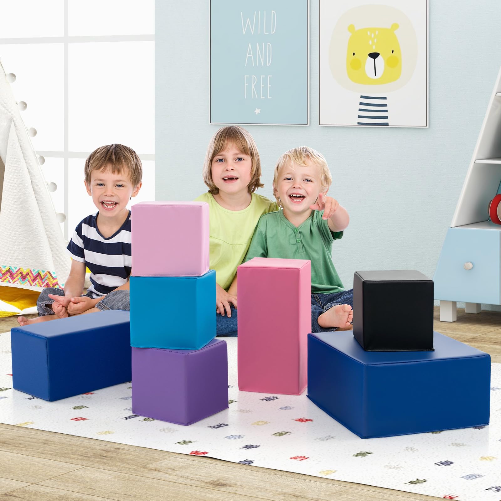 COSTWAY 7 TLG. Schaumstoff Bausteine, Softbausteine quadratisch & rechreckig, Bunte Riesenbausteine weich zum Klettern, Schaumstoffwürfel für Baby & Kinder ab 1 Jahr