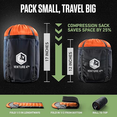 Miniatura 6 de VENTURE 4TH Saco de dormir para mochileros  XXL, tamaños dobles e individuales  Saco de dormir ligero para clima cálido y frío para adultos, niños y