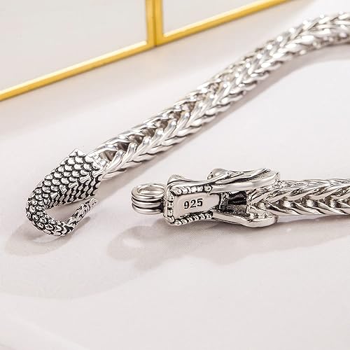 Miniatura 5 de H&Beautimer Pulsera de cadena de dragón de plata de ley 925 de moda, 5MM-7 "8" 9" Brazalete de eslabones laterales gruesos sólidos para hombre