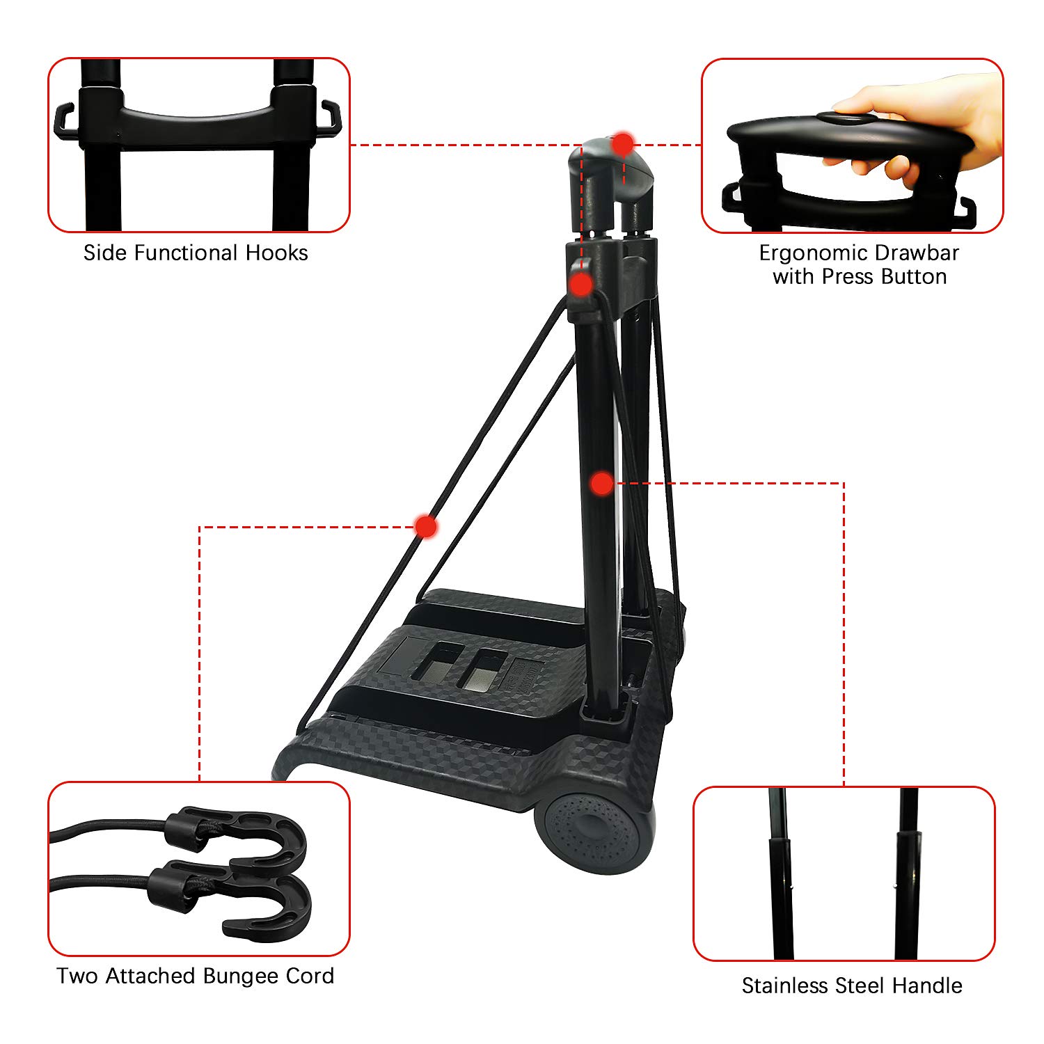 Folding Hand Truck, With Noiseless Wear-Resistant PVC Wheels And Adjustable Drawbar, 40KG/88LBS Capacity And Lightweight(3.1LBS), Portable Heavy Duty And Durable Trolley Dolly Compact Utility Cart - View #3