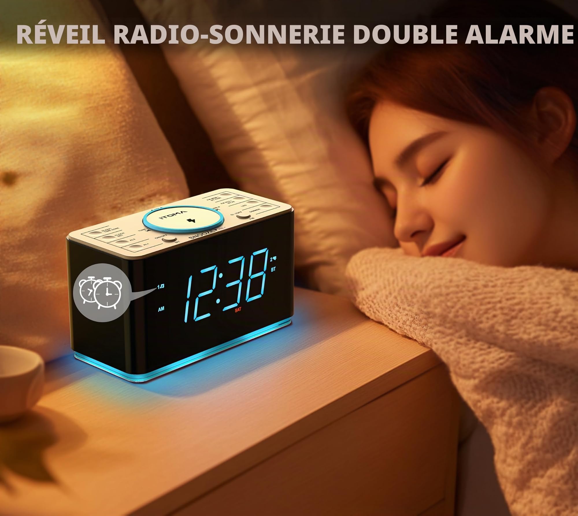 Radio réveil avec Chargeur sans Fil 15W, APP contrôle, FM Radio, Bluetooth, Deux Ports de Charge, Double réveil, minuterie de Sommeil, Snooze, gradateur Manuel Automatique iTOMA 207A