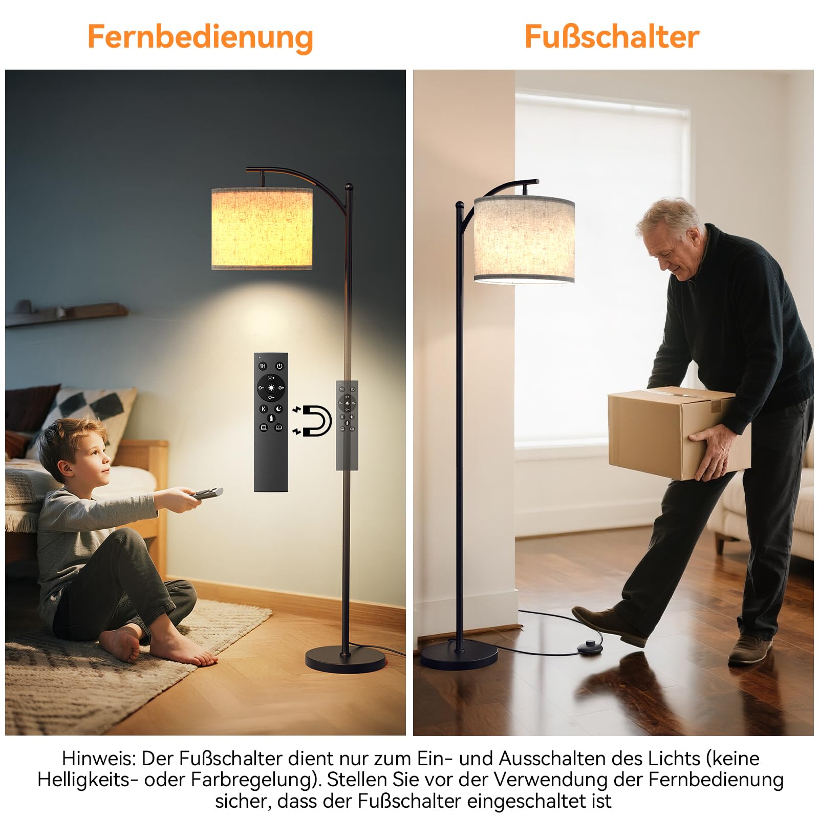 Stehlampe Wohnzimmer Dimmbar, Modern Standleuchte mit 3 Farbtemperaturen, Beigen Leinen-Lampenschirm, 12W Glühbirne inklusive, Fernbedienung und Fußschalterfür Wohnzimmer, Schlafzimmer, Büro