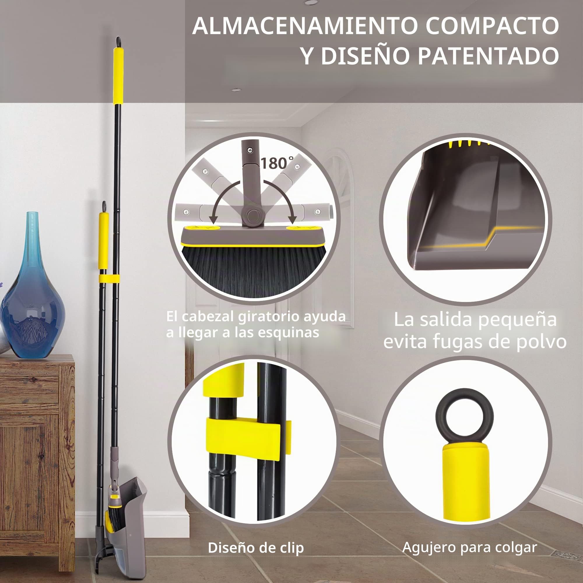 JEHONN Escoba Alta y Recogedor Plegable, Cepillo Barrer Mango Largo, Juego de Sartenes para Interior, Cabeza Giratoria 180° (Marrón Amarillo)