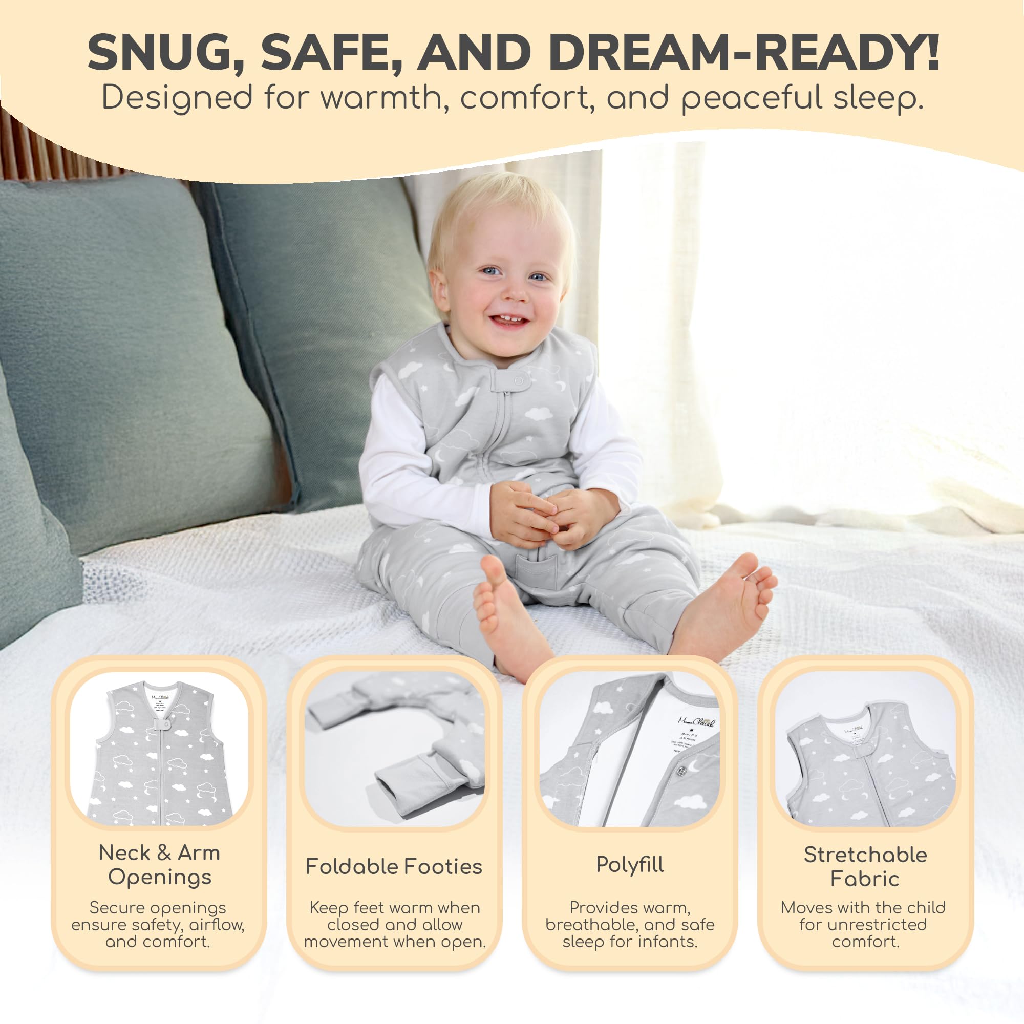 Kleinkind Schlafsack mit Füßen, 2,5 TOG Bio-Baumwolle Baby Schlafsack mit Beinen, Baby Wearable Decken für Walker w / 2-Wege-Reißverschluss, Baby Schlafsack für Mädchen & Jungen, 18-36 Monate - 5