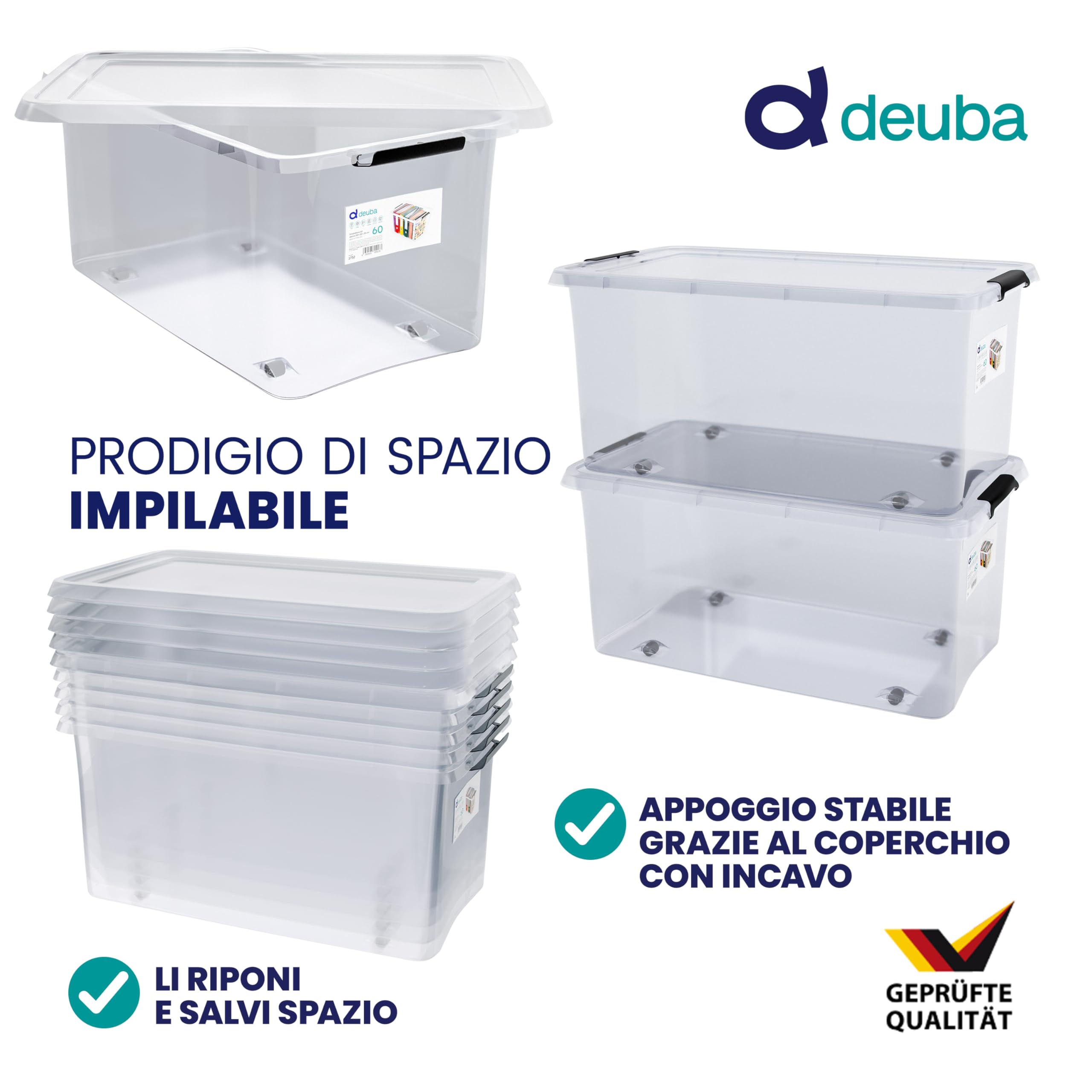 Deuba® 6X 60L Scatole in Plastica Trasparente Senza BPA Contenitori con Coperchio Impilabili Ruote Cassette Salvaspazio