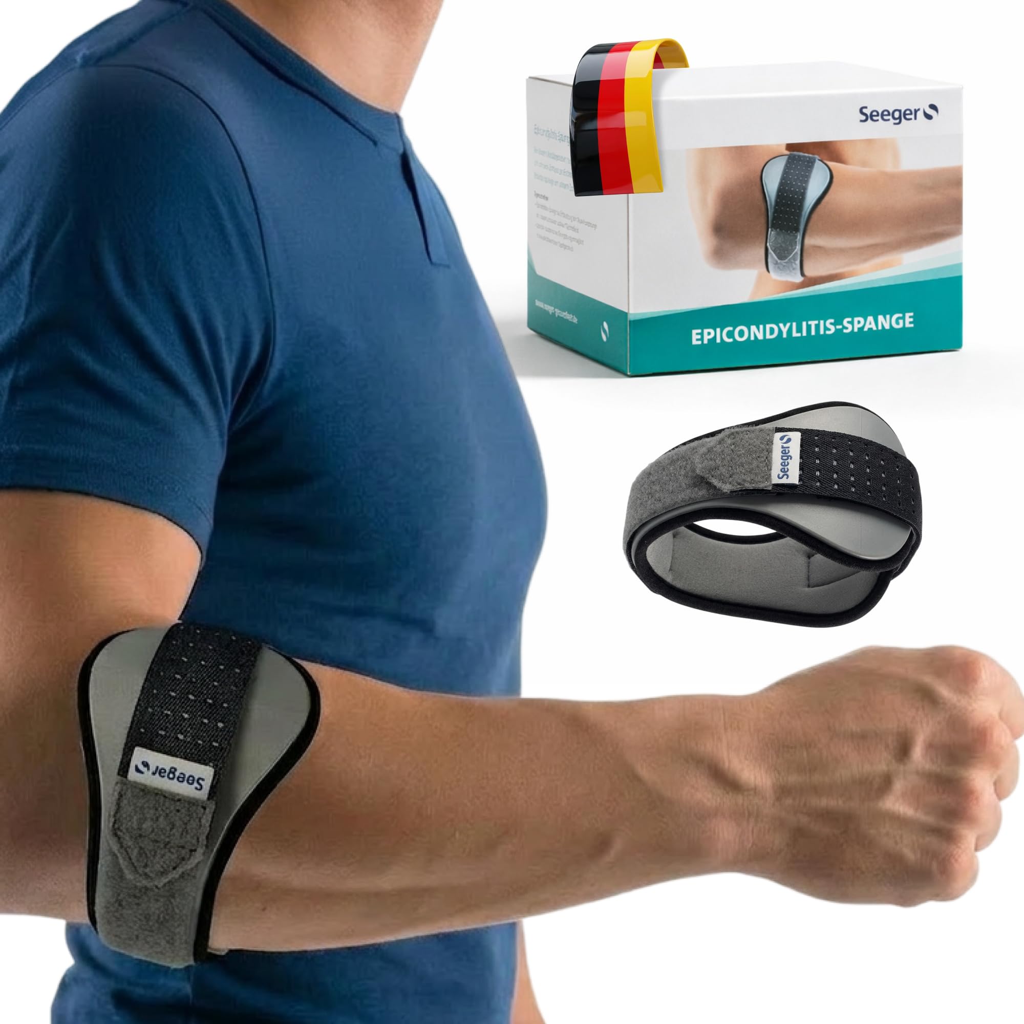 Seeger Medizinische Epicondylitis-Spange – Tennisellenbogen-Bandage für Golferarm & Schmerzen, Stützend & Entlastend | Für Herren & Damen, Rechts & Links, Perfekt für Kraftsport & Gym (Gr.4)