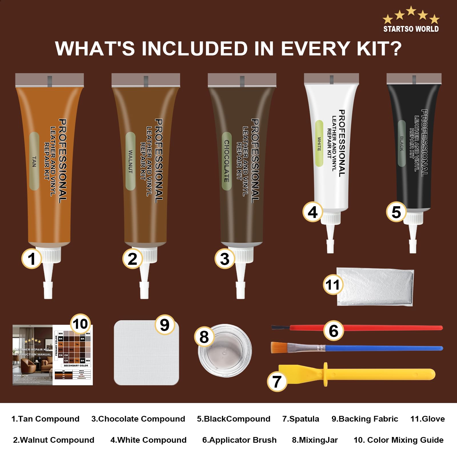 STARTSO WORLD Kit de reparación de cuero y vinilo marrón para muebles, sofás, asientos de coche, sofás, asientos de barco, chaquetas con instrucciones sencillas (idioma español no garantizado),