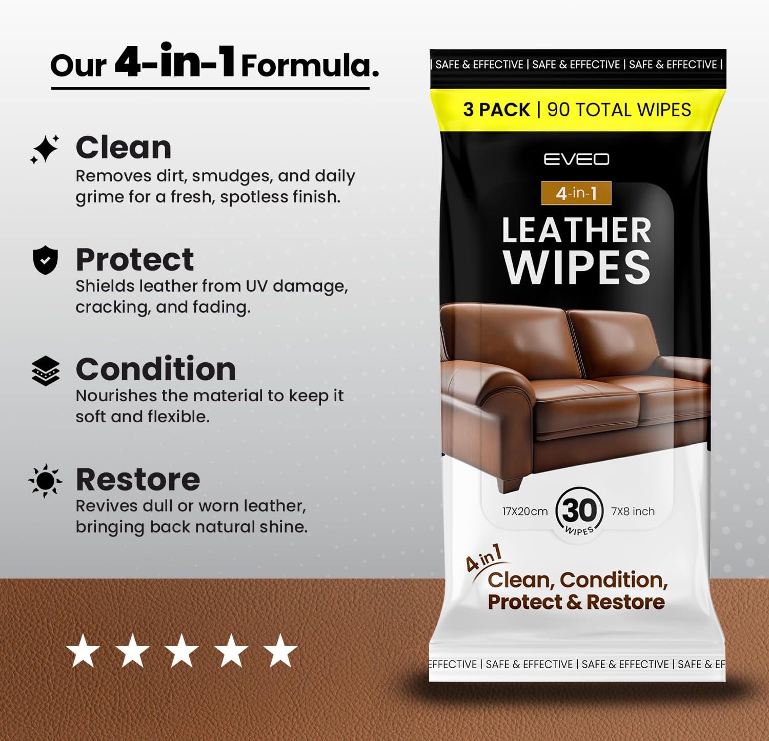 EVEO Leather Cleaner Wipes 4-in-1 Leather Cleaner and Conditioner for Furniture Car Shoes & Purses. UV Protection XL Moistened Wipes Restore & Protect. 3 Pack (90 Total)