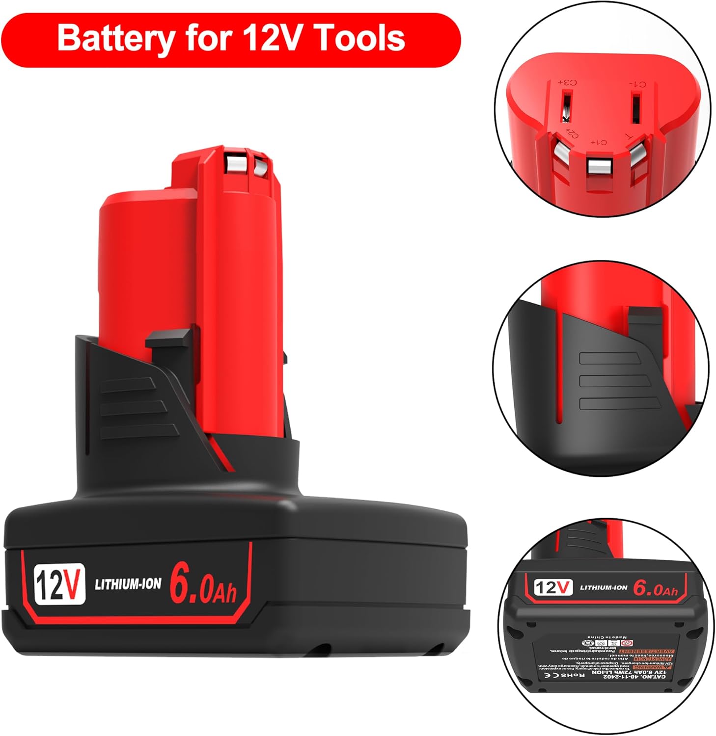 Replace for Milwaukee M12 Battery 6.0Ah 2 Packs, Replacement for Milwaukee 12V Battery 48-11-2410 48-11-2411 48-11-2401, Compatible with Original 12V Cordless Power Tools and Charger