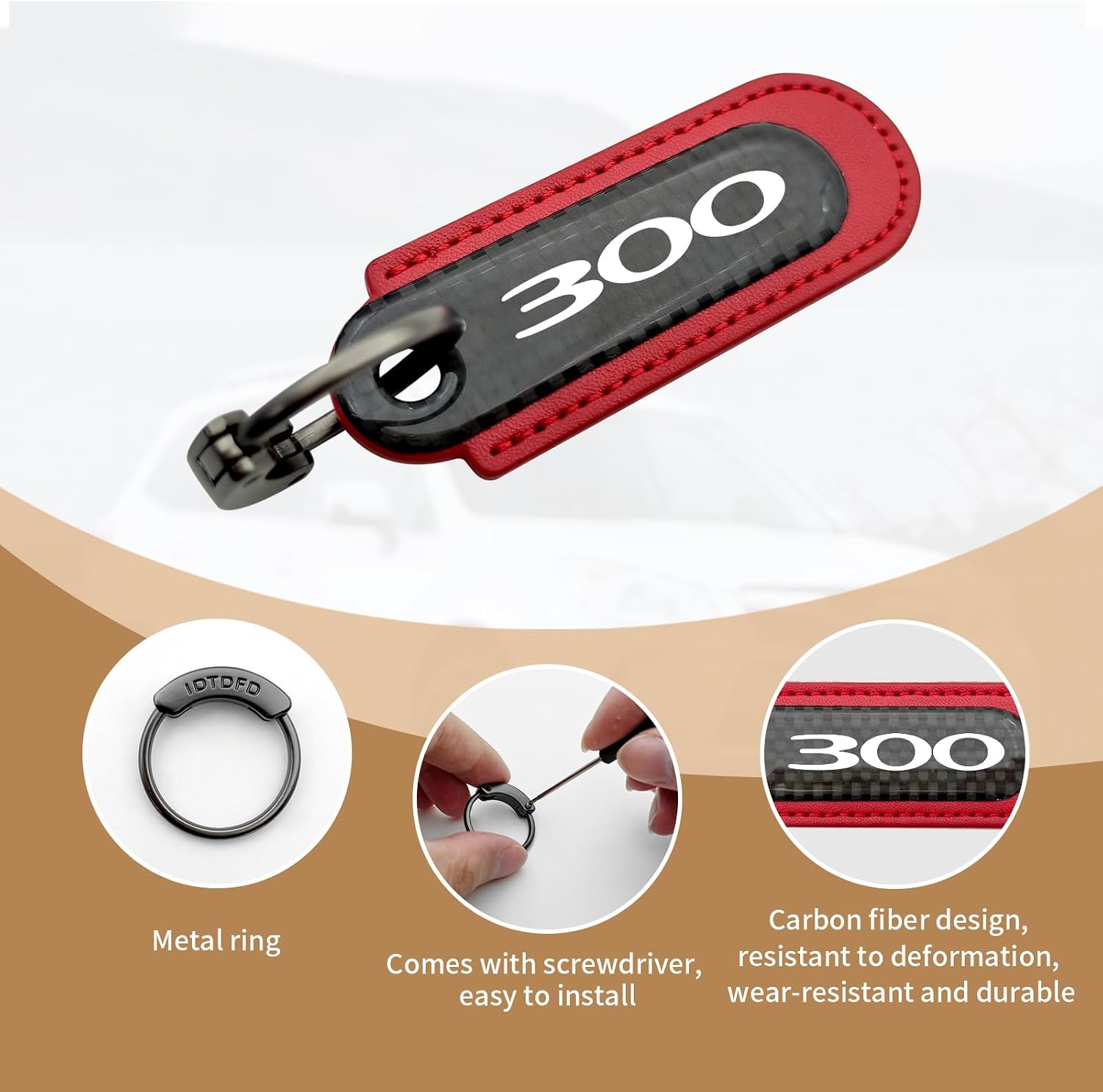 uuakarin for 300 300C 300S Carbon Fiber Style Car Keychain 300 Emblem Leather Key Chain Accessories
