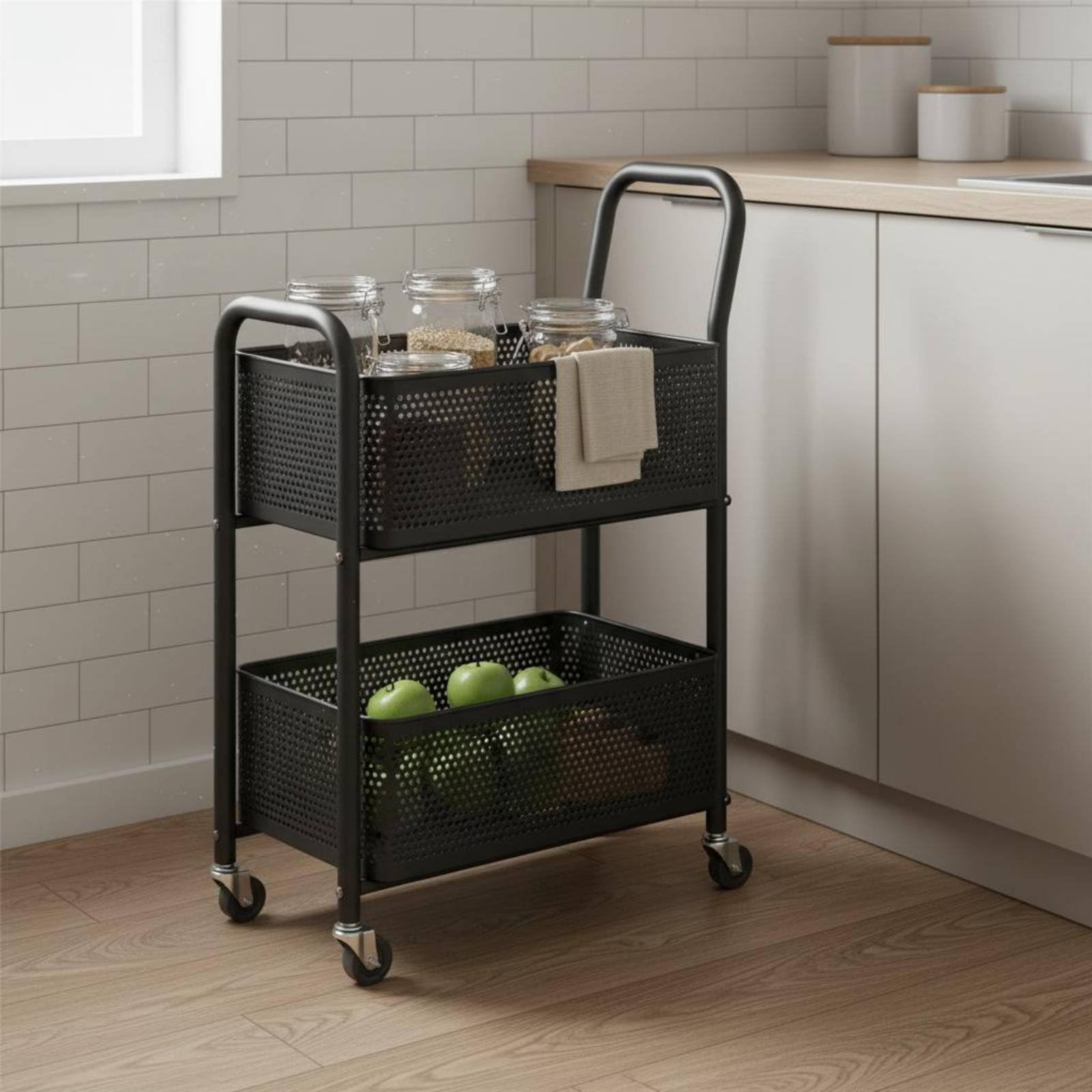 Carrello Portatutto Due Ripiani Carrello con Ruote Cestelli in Acciaio al Carbonio Struttura con Bordo Arrotondato Manico Rialzato Facile da Spostare, Beige