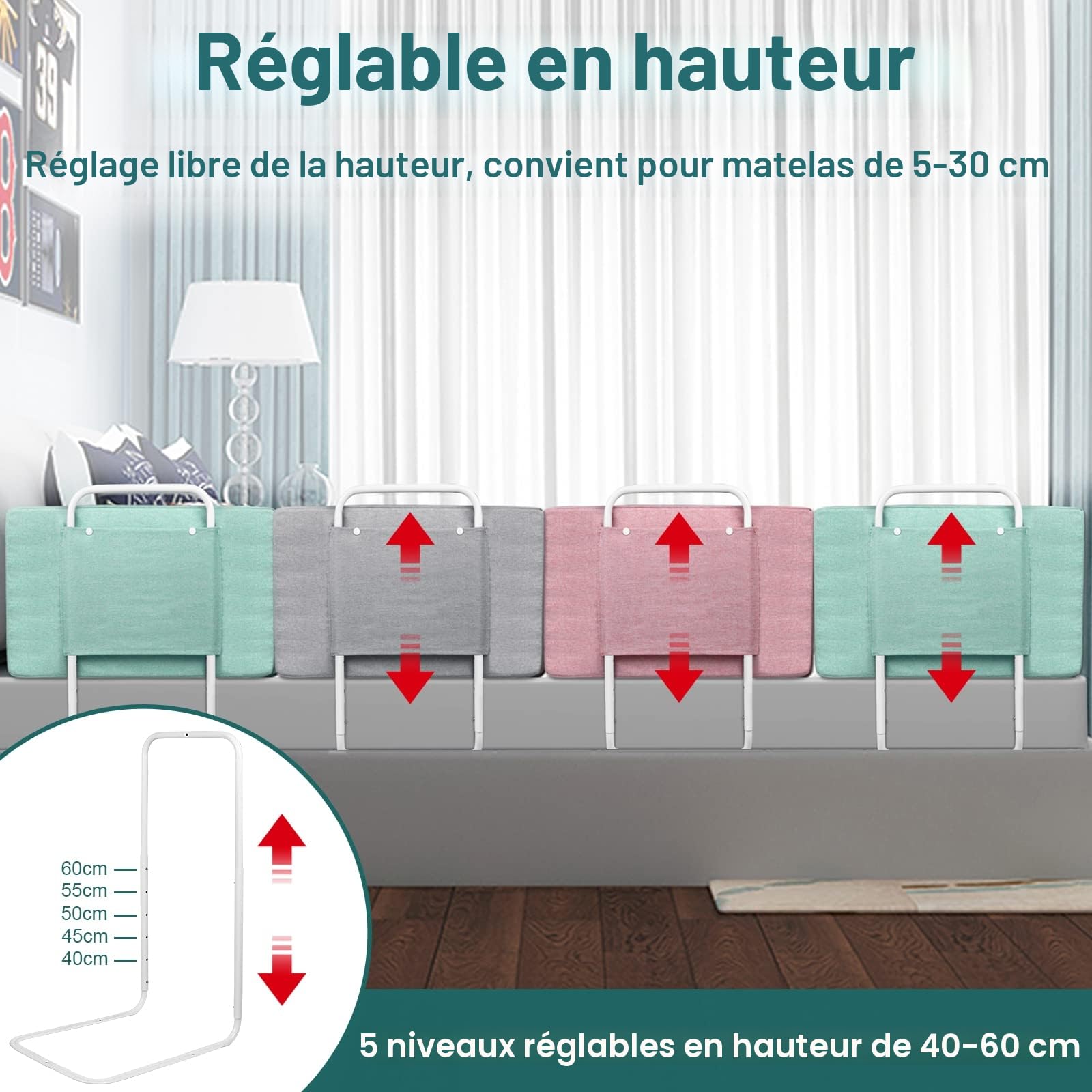 UISEBRT Lot de 2 barrières de lit de 60 cm - Protection Contre Les Chutes de lit pour Enfants - 5 Trous - Hauteur réglable - Protection de sécurité pour Les bébés et Les Enfants - 120 cm - Rose