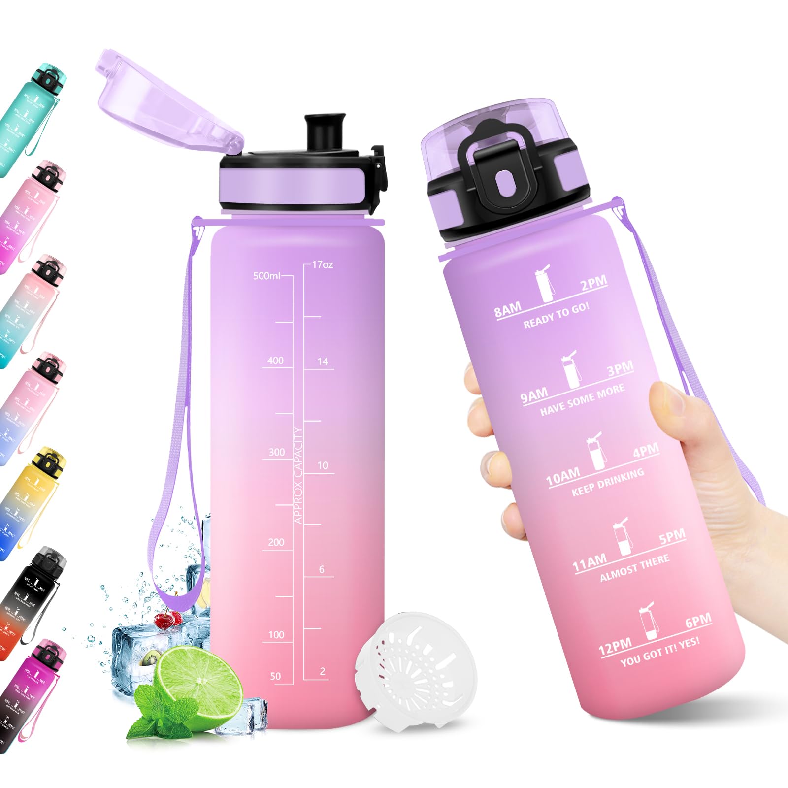 KollyKolla Borraccia 500ml, Riutilizzabile, Bottiglia con Filtro, Borraccia con Indicatore del Tempo Motivazionale senza BPA, A Prova di Perdite, ideale per Bambini, Scuola, Ufficio