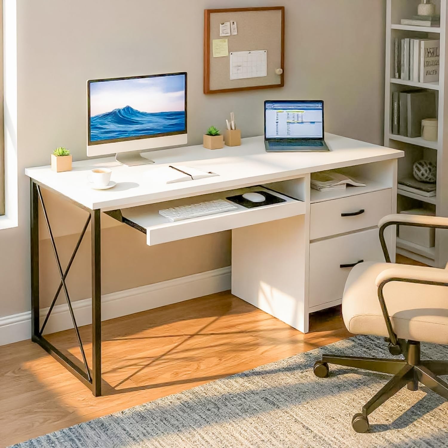 TEKAVO Office Table for Work from Home | Computer Table for Home with Drawer Storage | Executive Desk | DIY - Engineered Wood, Powder Coated, White & Black - 120L x 55W x 75H CM-image-46