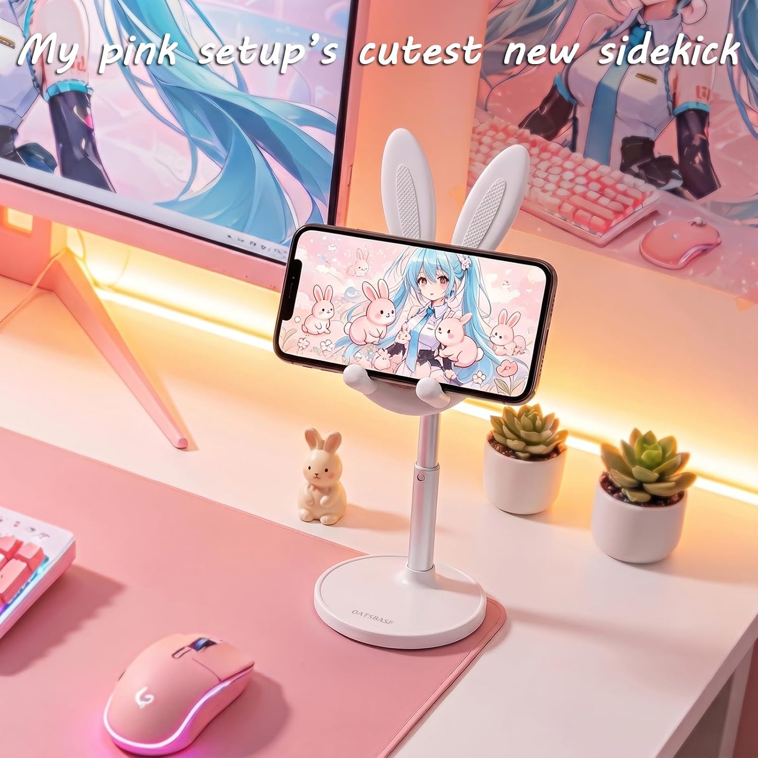 OATSBASF Cute Bunny Phone Stand, Adjustable Cell Phone Holder for Desk, Weighted Base Kawaii Desk Accessories, Aesthetic Room Decor Gift for Women/Girls/Kids, Compatible with All Phones