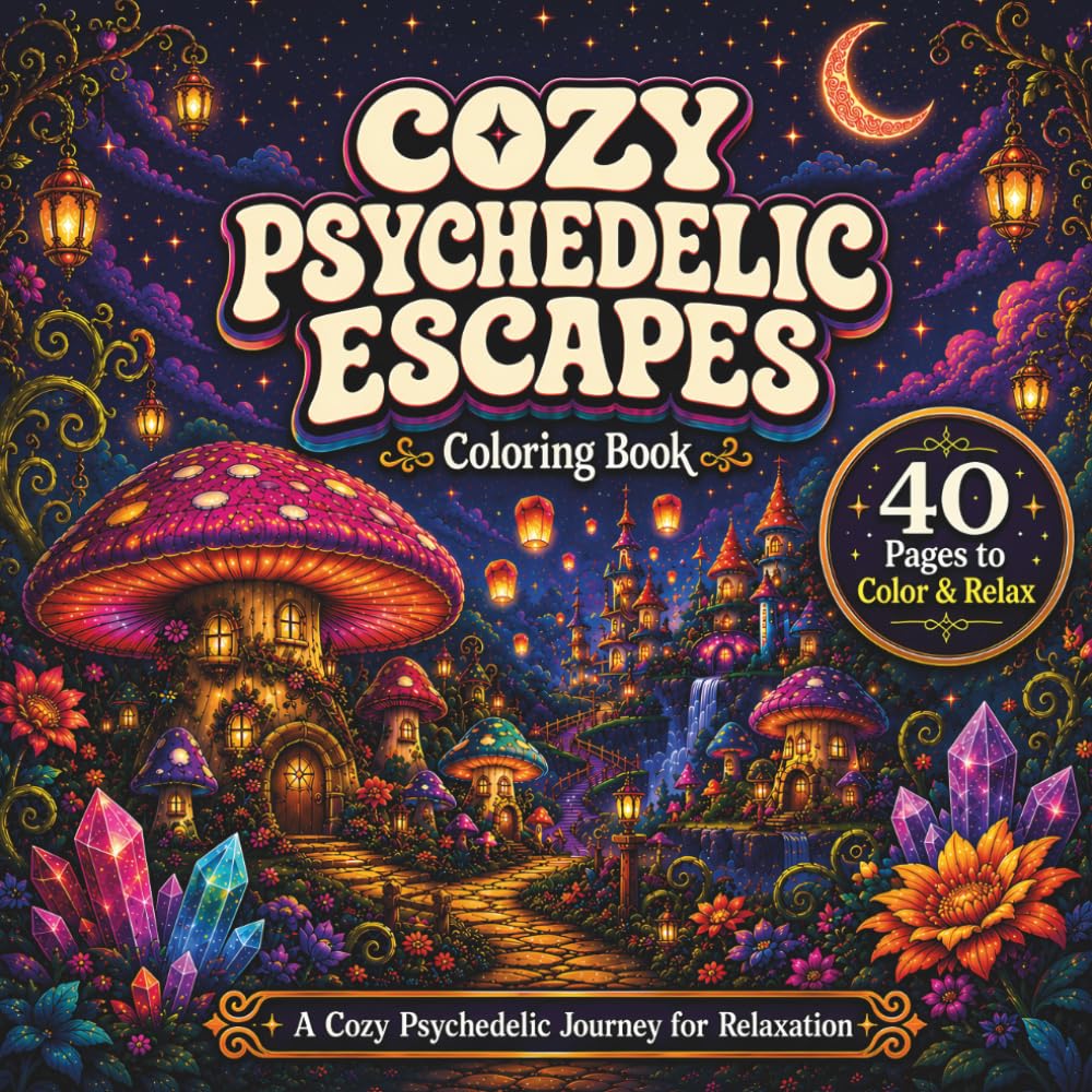 Cozy Psychedelic Escapes: Coloring Book for Adults and Teens with Magical Mushrooms, Dreamy Worlds, and Stress Relief Fantasy Scenes