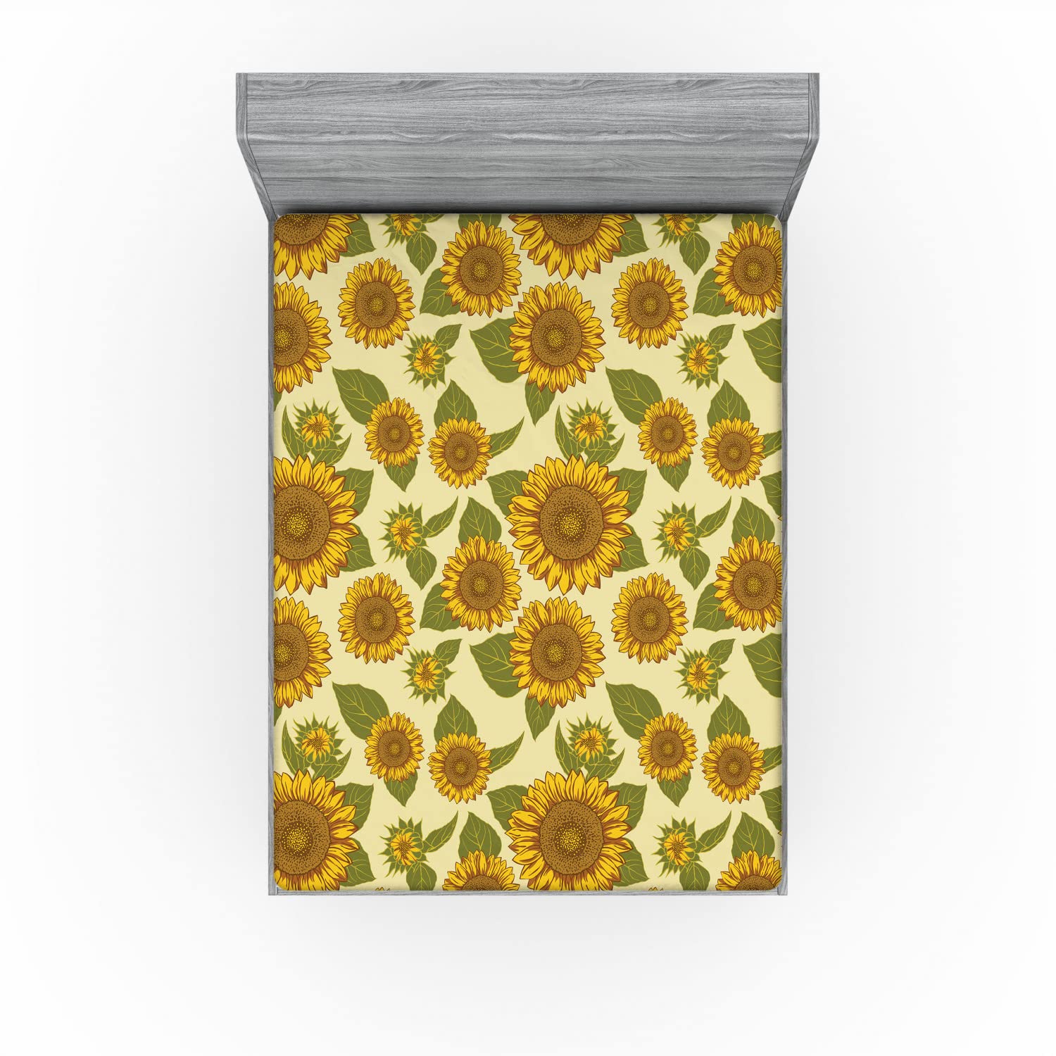 Ambesonne Vintage 2 Pack Fitted Sheet, Funky Style Sunflower, Bed Cover All-Round Elastic Deep Pockets 2 Pieces, Package Contains 2 Full Size Fitted Sheets, Yellow Green