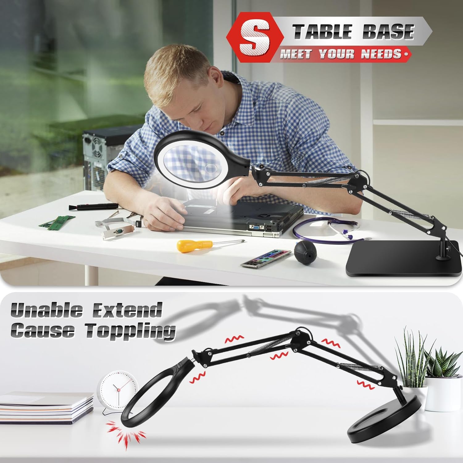 NZQXJXZ 10X 30X Large Magnifying Glass with Light and Stand, 5-inch LED Lighted Magnifier, 3 Color Modes Stepless Dimmable, Hands-Free Magnifying Glass Desk Lamp for Reading Craft Hobby Close Work