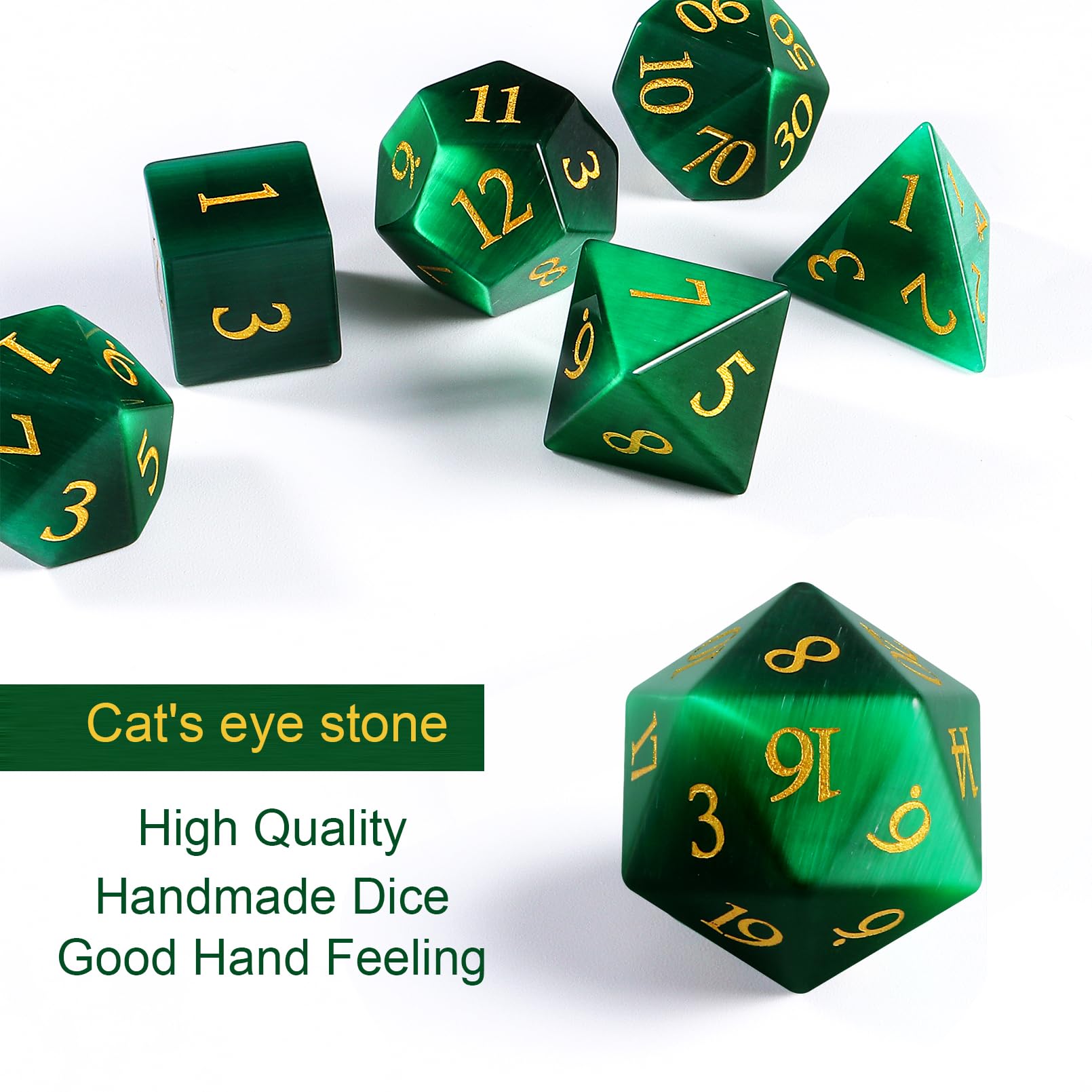 Jeu de dés en pierre précieuse œil de chat, 7 pièces avec boîte, utilisés pour les jeux de dés Donjon et Dragon D4, D6, D8, D10, D12, D20 (œil de chat vert)