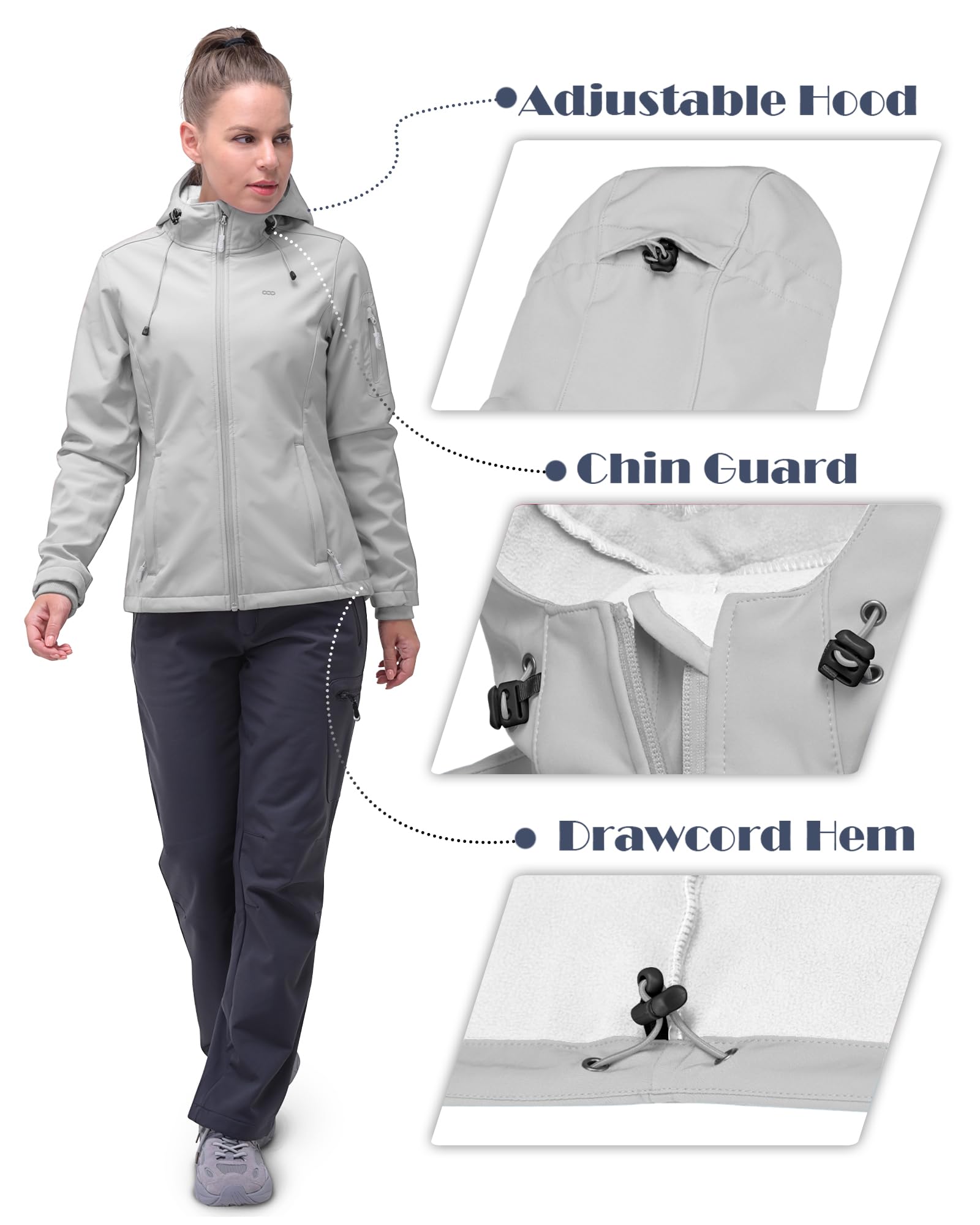 33,000ft Women's Softshell Jacket, Fleece Lined Warm Jacket Light Hooded Windproof Coat for Outdoor Hiking