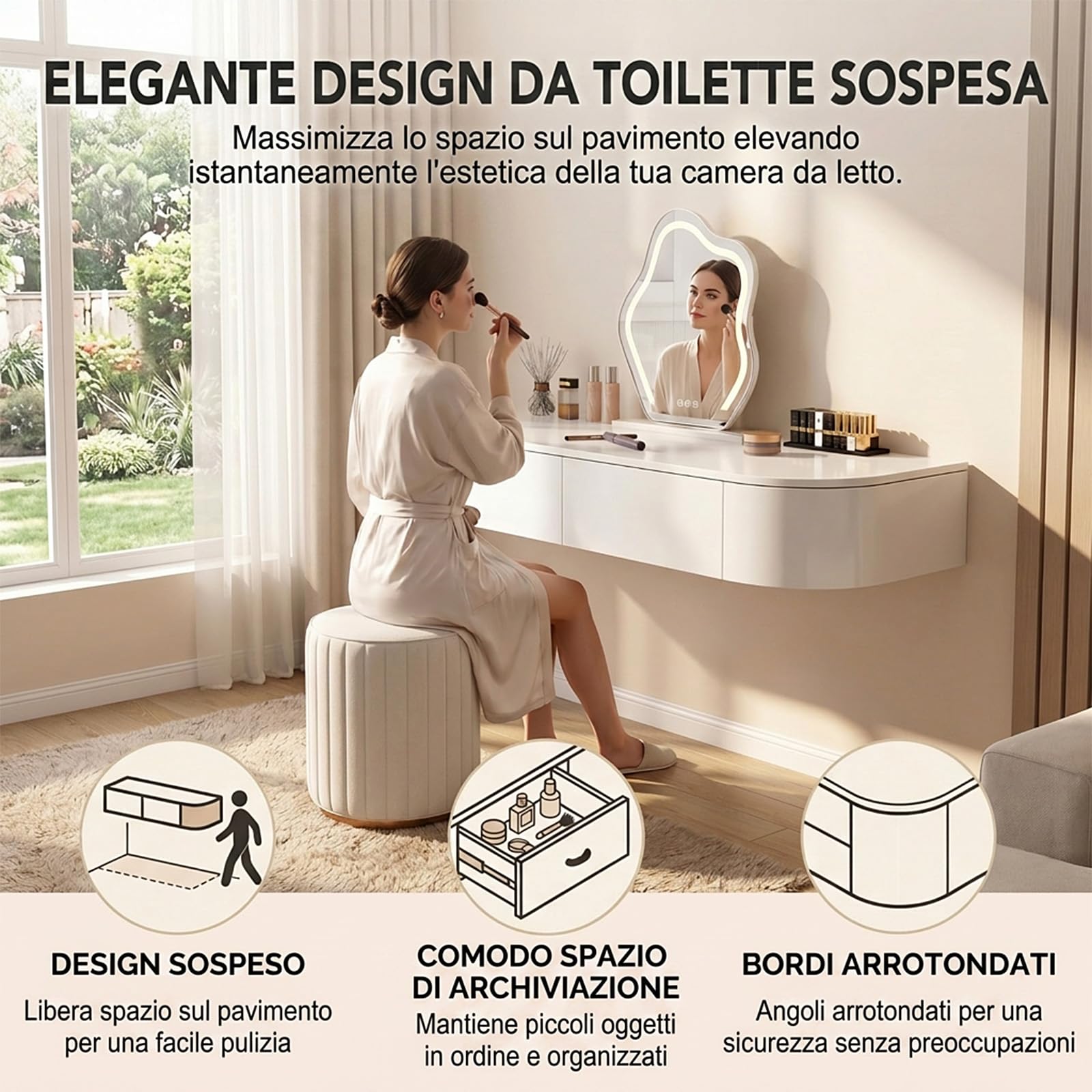 Postazione Trucco a Parete, Tavolo da Toeletta Senza Specchio, Toeletta da Trucco con Cassetto, Durevole e Stabile, Scrivania Sospesa per Camera da Letto e Spogliatoio, Già Assemblato