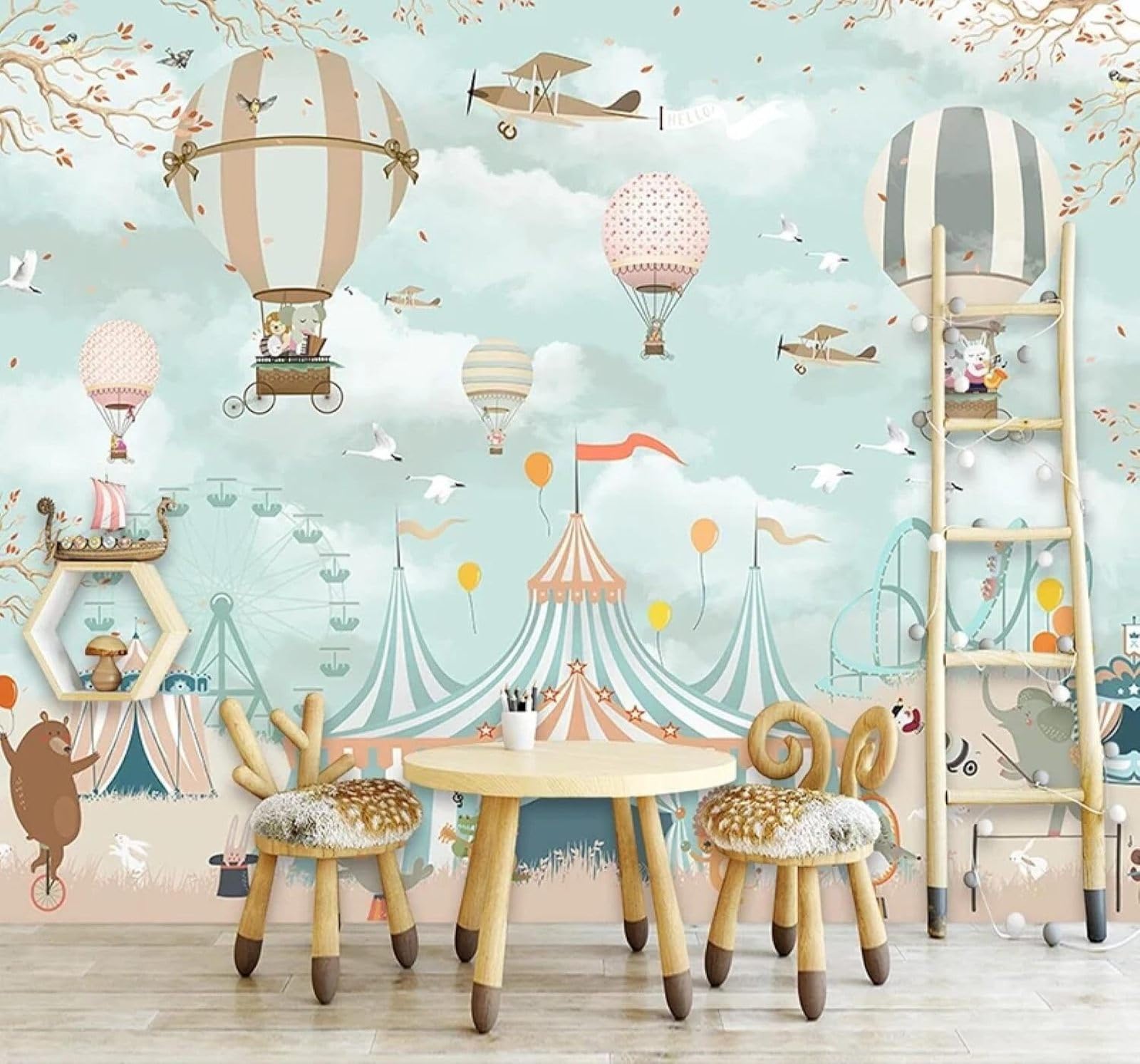 XLMING Romantic Cartoon Hot Air Balloon Sky Scenery 3D Wallpaper Silky Texture Home Study Office Grey Dining Room Sofa Bedroom Living Room TV Backdrop-200cm×140cm