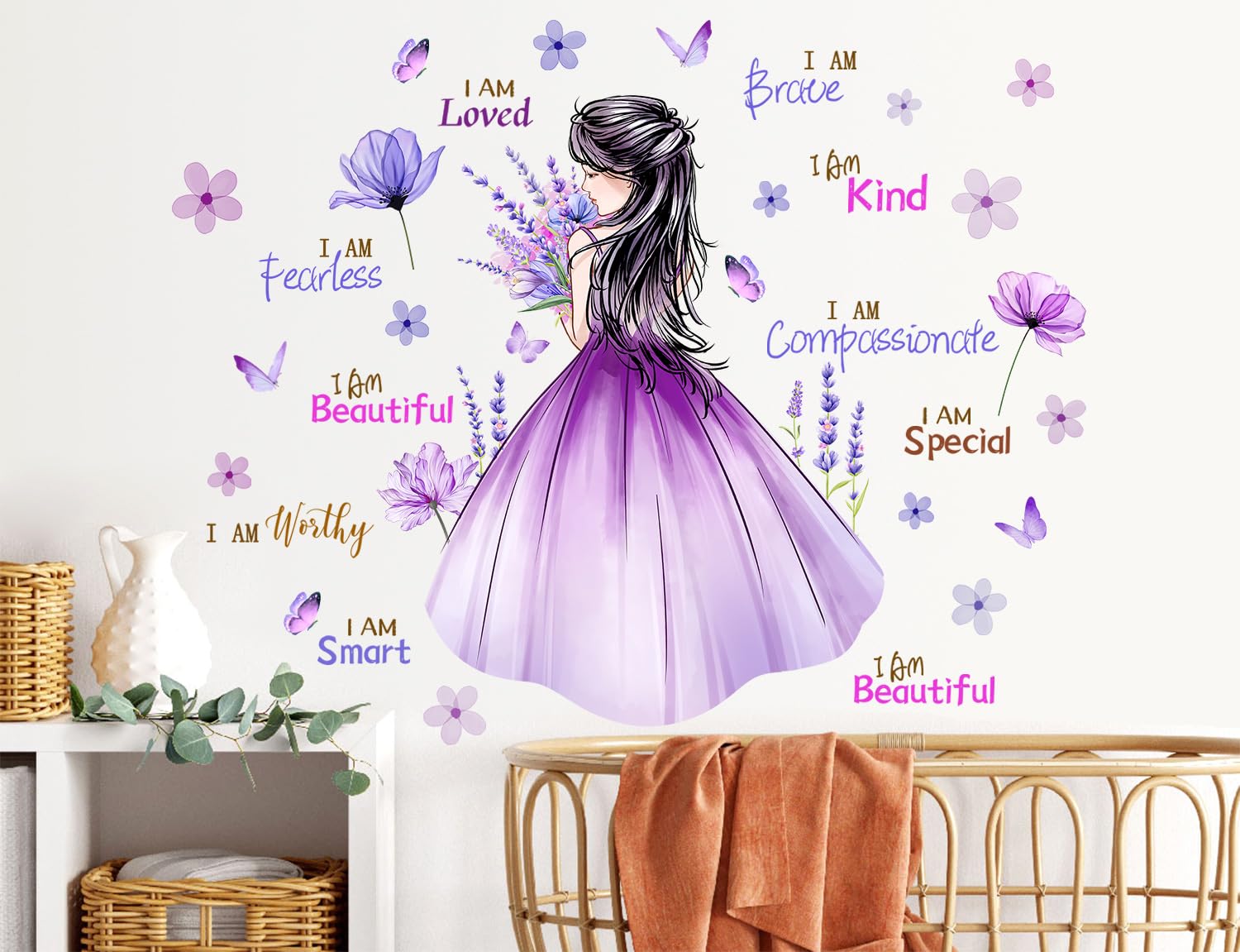 Butterfly Girl Wall Decal Flower Fairy Princess Wall Stickers Inspirational Quote Purple Lavender Floral Vinyl DIY Removable Peel and Stick Nursery