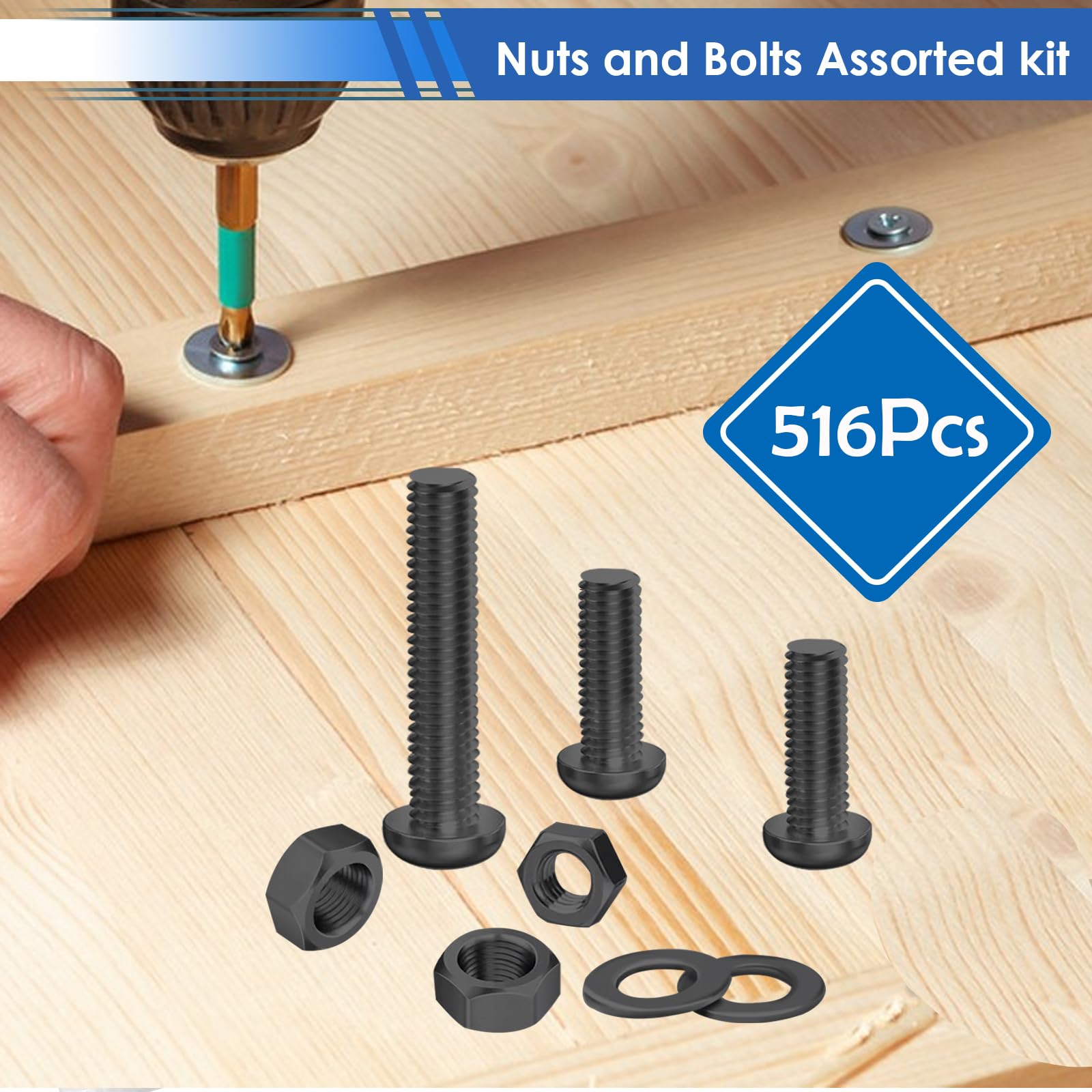smseace 516Pcs Black Nuts and Bolts Assortment Kit 21-Sizes M3/M4/M5/M6 Nut Bolt Washer Assortment Kit for Machinery, Furniture, Automotive, Motorcycle Repairs — Amazon image 5