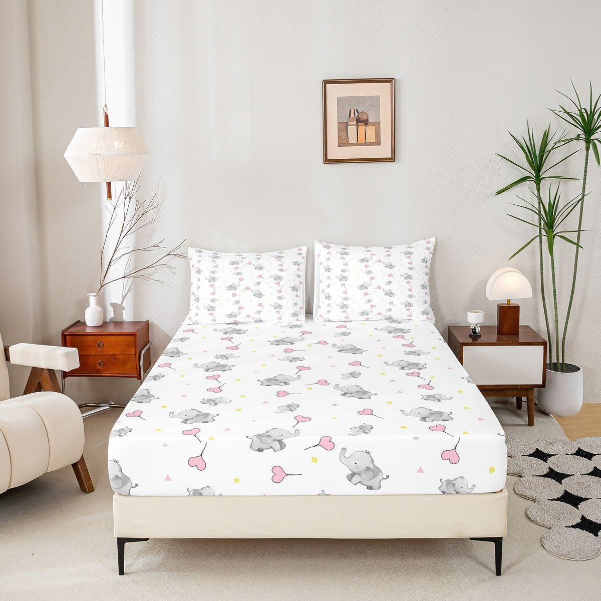 Erosebridal Lovely Elephant Fitted Sheet for Kids Girls Boys Teens Bedroom, Love Heart Bedding Set for All Season, Kawaii Animal Bed Sheets, Cartoon Style Triangle Sheets Full Size