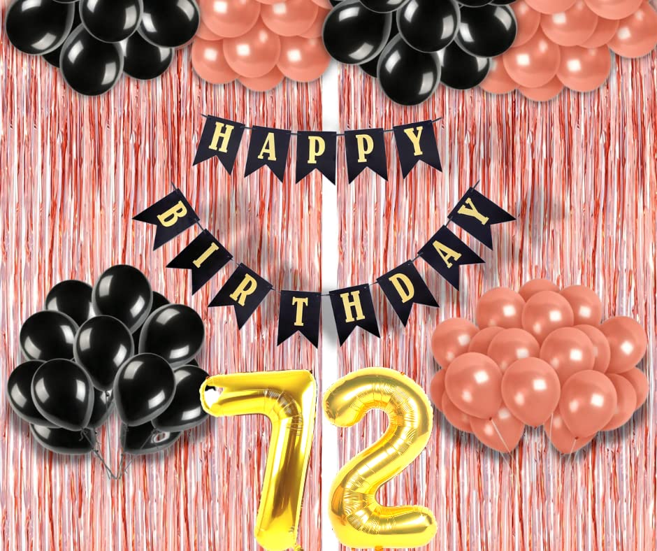 Image of 72nd Birthday Decoration items for Girls with Black and Rose Gold Balloons, Black Happy Birthday Banner, Rose Gold Foil Curtain, Foil Balloon number 72