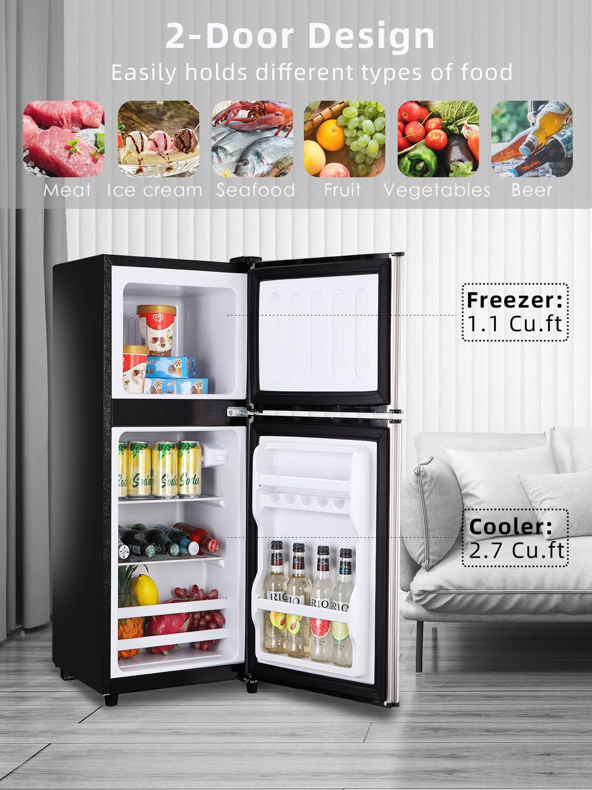 Krib Bling 3.8 Cu.Ft Refrigerator 2 Door 7 Level Adjustable Thermostat Control Top-Freezer Refrigerator Lock Fresh Energy Saving Silver on Fridge.com - View 2