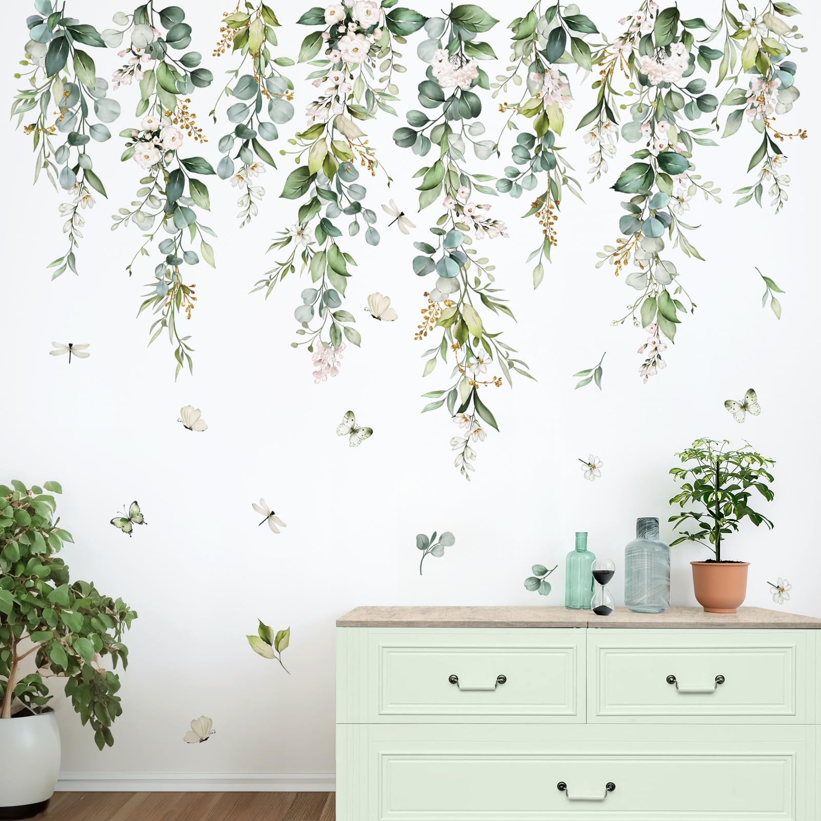 wondever Hanging Green Leaves Wall Decals Hanging Vines Plants Leaves Peel and Stick Wall Art Stickers for Bedroom Living Room TV Wall - Image 3