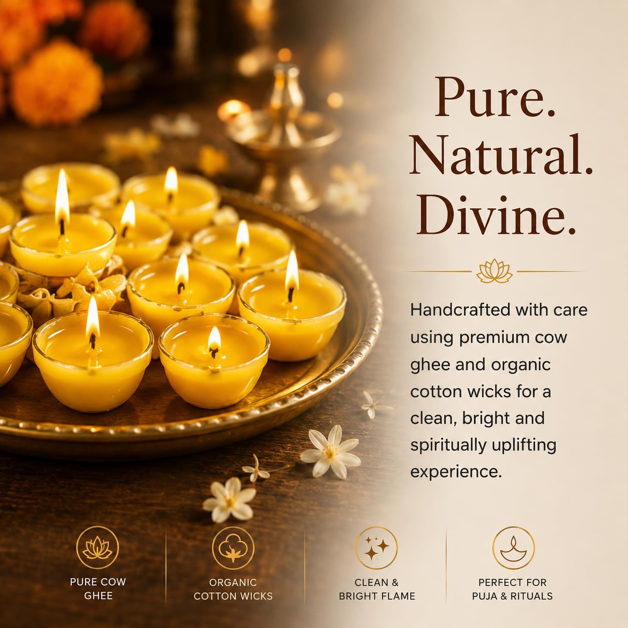 Blessora Pure Ghee Cotton Wicks Diya Batti - Ready Ghee Diyas for Pooja | Long Lasting Aarti Use | Temple Daily Worship (200 Pieces) 1