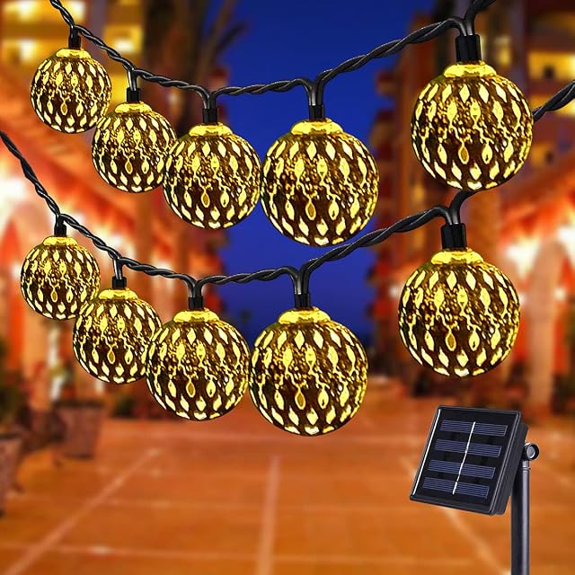 Solar String Lights Outdoor, 50LED Garden Lights Solar, 8 Modes Moroccan Lanterns Solar Fairy Lights Waterproof 23ft Lighting for Gazebo, Fence, Wall, Patio, Christmas, Wedding Decoration(Warm White)