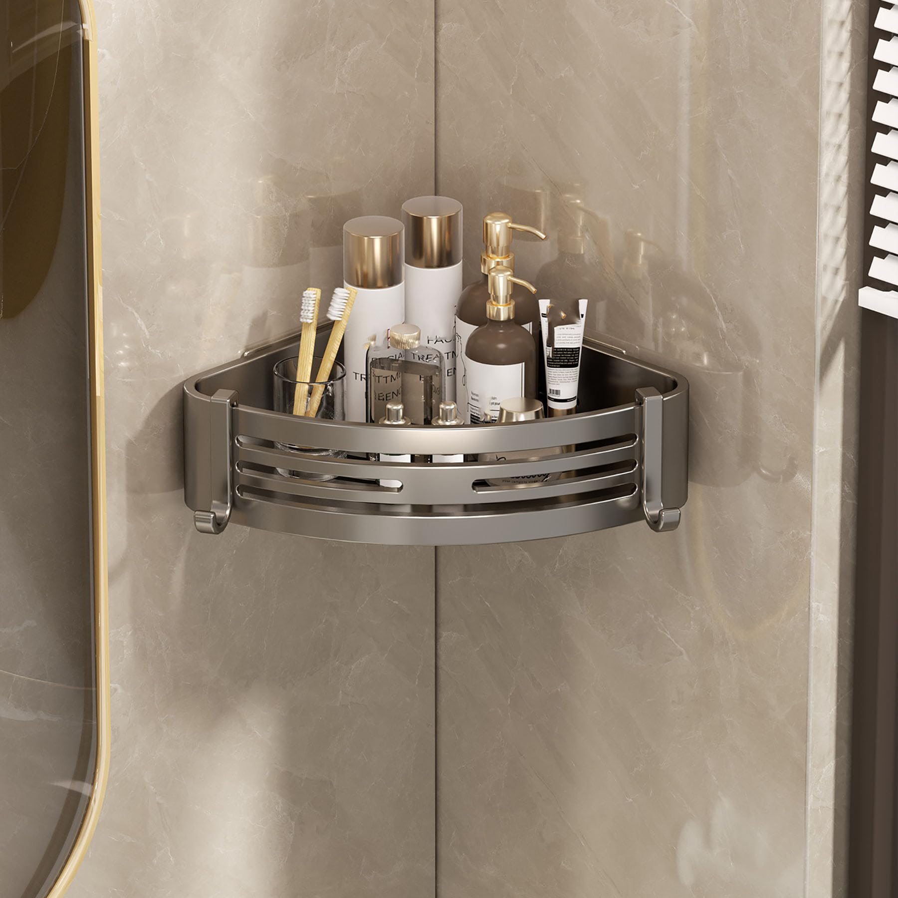 SRURLLUG Corner Shower Caddy Adhesive Shower Corner Organizer Shelves Wall Mounted Rustproof Bathroom Holder Organizer No Drilling Stainless