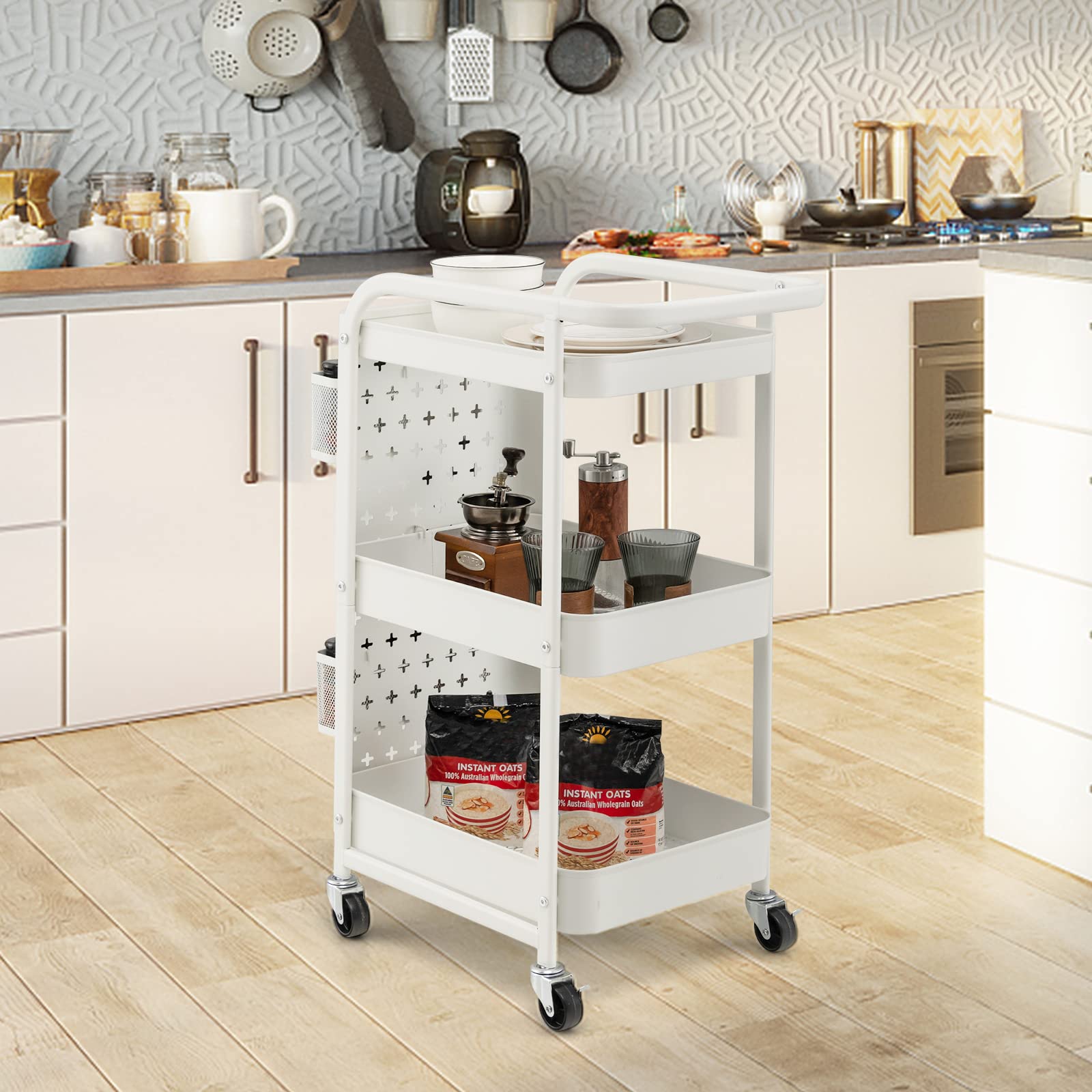 Giantex Carrello Mobile in Metallo a 3 Livelli, Carrello con Bordo di Pin, Cestini di Stoccaggio, Ganci, Carrello di Servizio con 4 Ruote, per Cucina, Bagno, Ufficio, 52x33x75cm