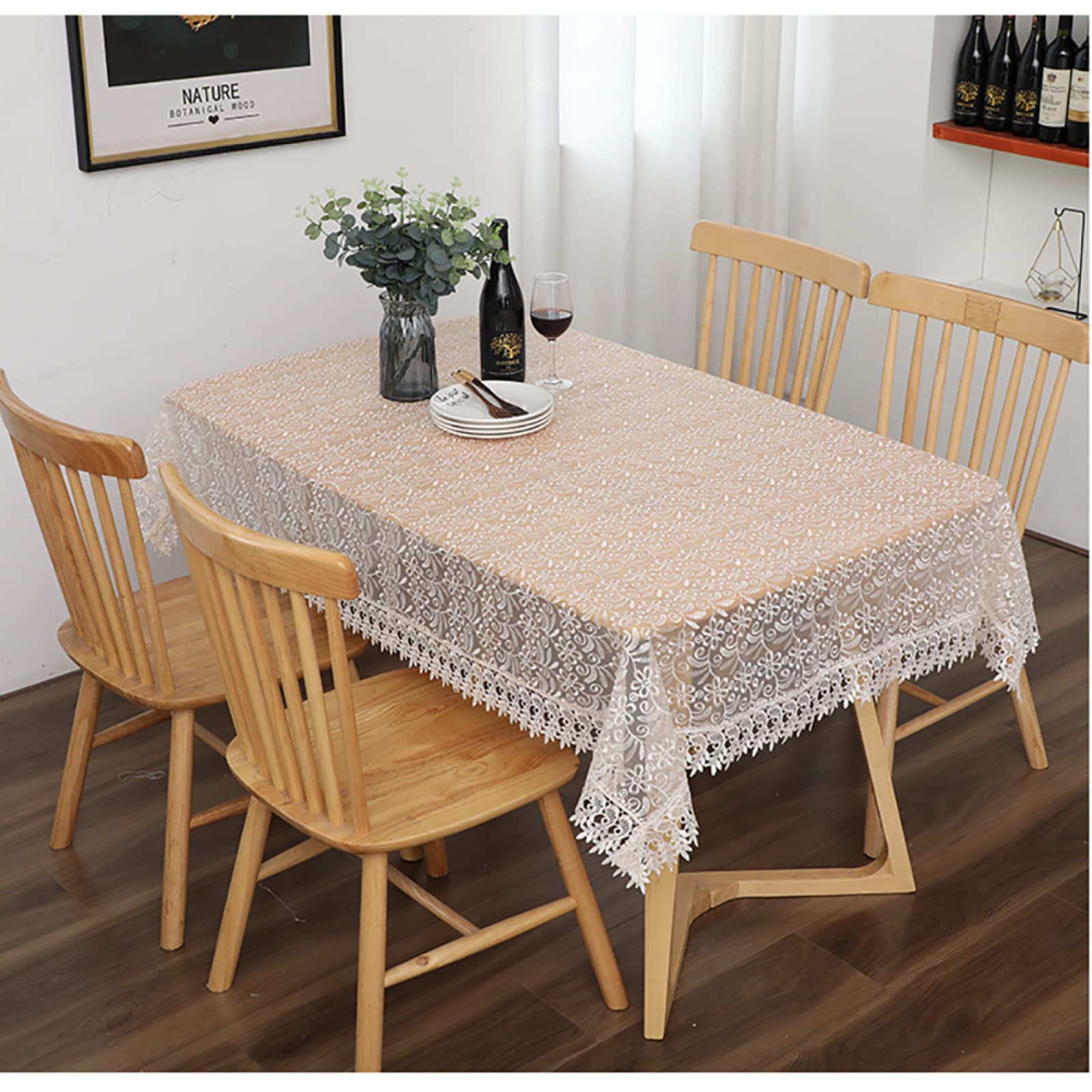 Durchsichtige Bestickte Tischdecke Im Bauernhaus-Stil Mit Spitze, Klassische Spitzen-Tischdecken Für Hochzeiten, Party-Couchtisch-Dekoration,Beige,Round-220CM(86.6 Zoll)