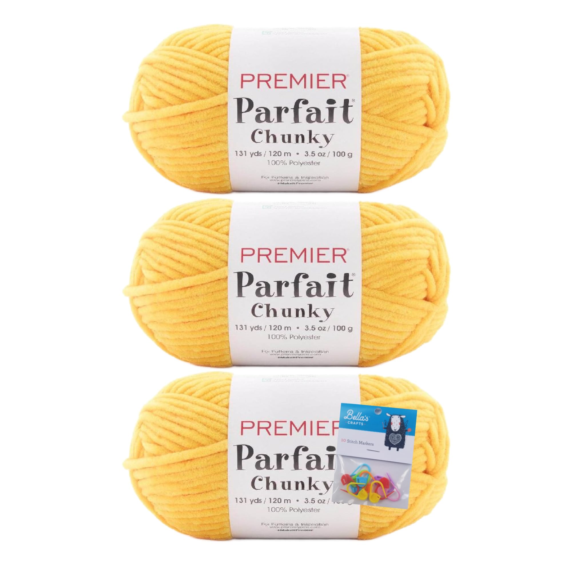 Premier Yarns Parfait Chunky Chenille Yarn 3.5 Oz 6 Super Bulky Weight 3 Pack Bundle with Bella's Crafts Stitch Markers (Summer Squash) โ image 1