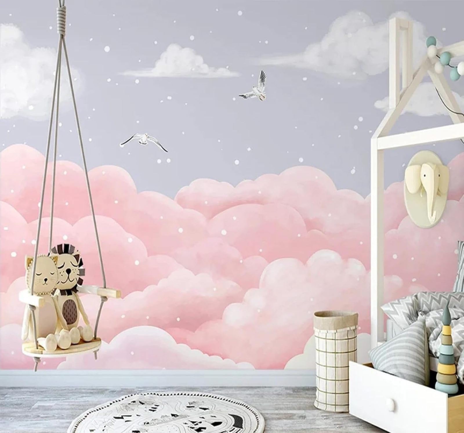Xlming 150Cm×105Cm(B×H) Cartoon Dreamlike Pink Sea Of Clouds Birds In Flight 3D Wallpaper Luxury Home Dining Decor Paste Sofa Living Room The Wall For Bedroom Mural-150Cm×105Cm