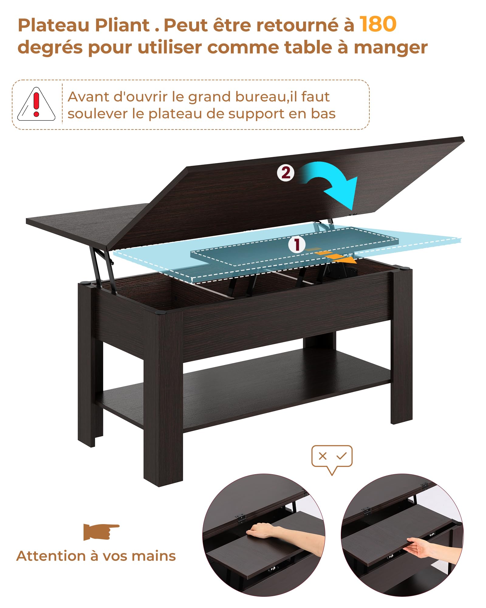 KIMENICH Table Basse Relevable et Pliante, Table de Salon Multifonctionnelle 3 en 1, Tables à Manger avec Étagère de Rangement et Compartiment Caché, pour Salon, Bureau, Couleur Ébène