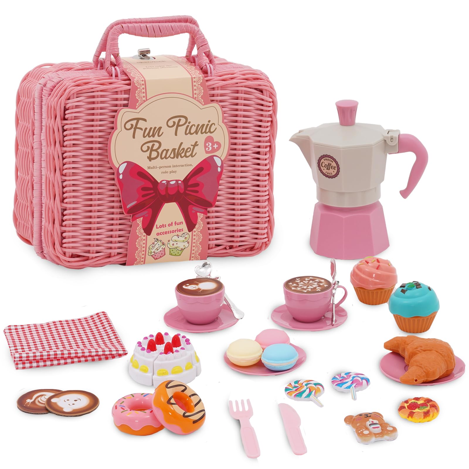 Set da picnic con coperta, torta tagliabile, valigetta per il trasporto, dessert, macchina da caffè, cucina per esterni, accessori per la cucina dei bambini per 3-5 J (rosa)