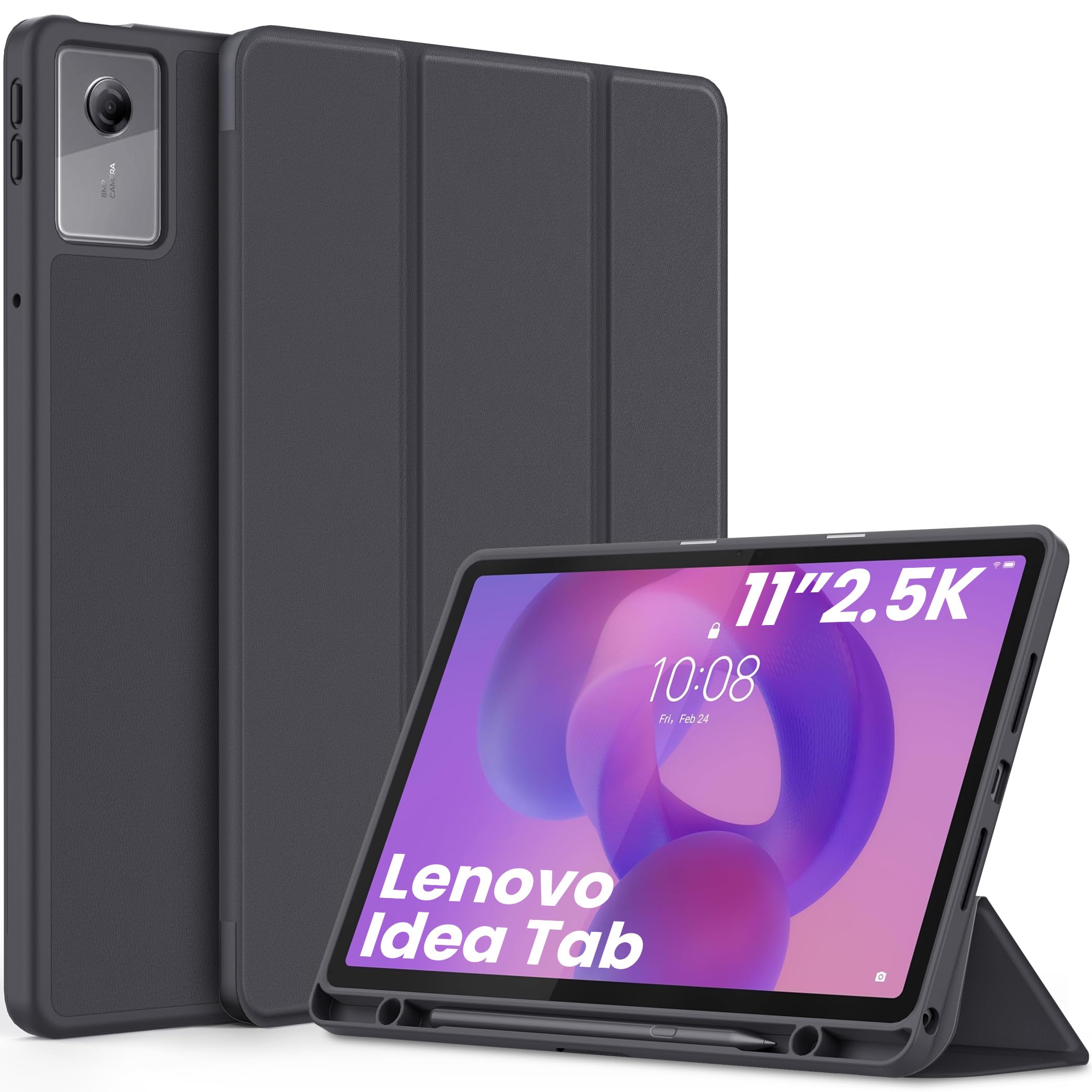 EasyAcc - Custodia per Lenovo Idea Tab, tablet da 11 pollici 2025 con supporto per penna TB-336ZU TB-336FU, ultra sottile con funzione di supporto, custodia in PU in pelle slim (Grigio scuro)
