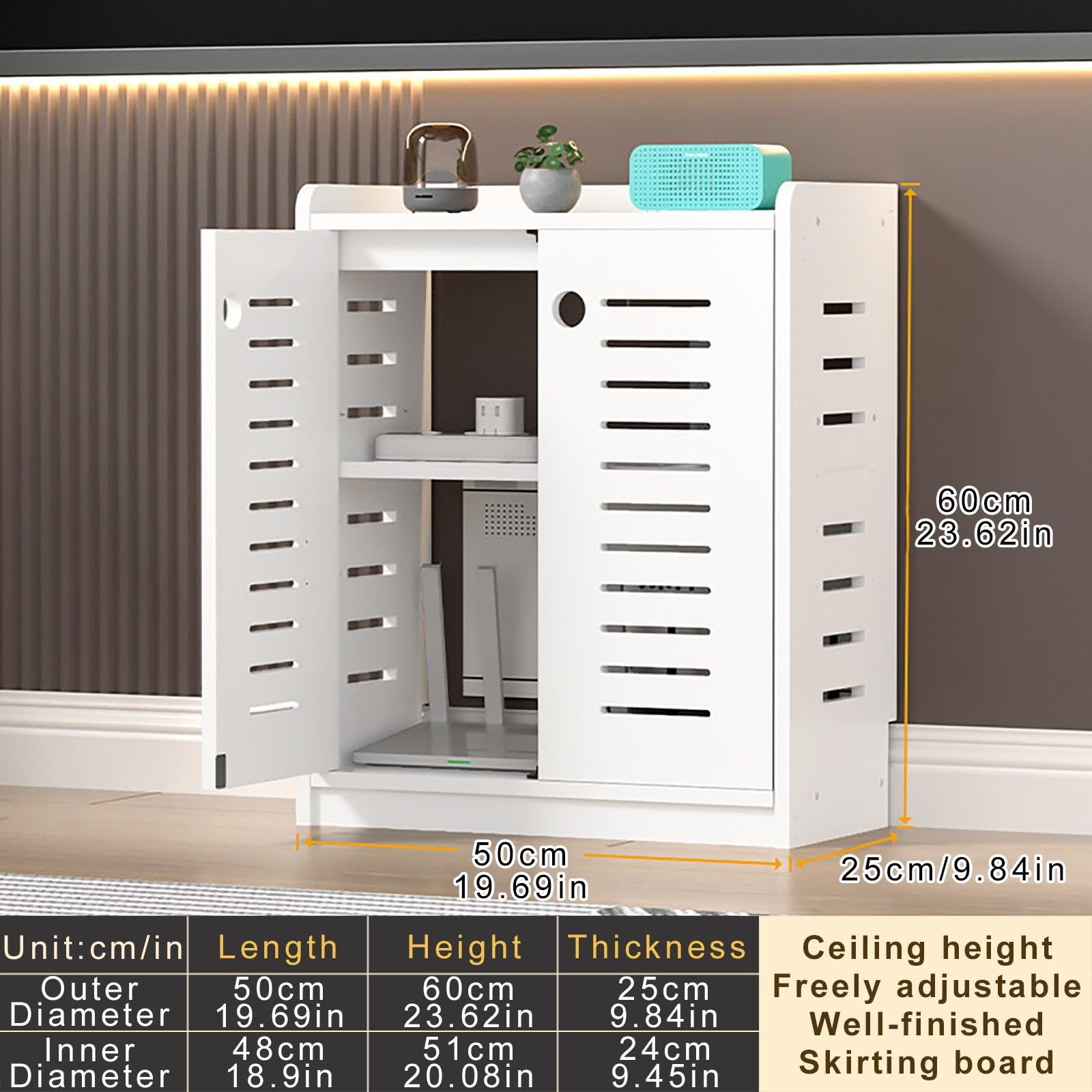 WiFi Scatola di Immagazzinaggio del Router Mobiletto Portaoggetti per Router Wi-Fi con Anta e Ripiani per Soggiorno e Ufficio.(Black,50x25x60cm)