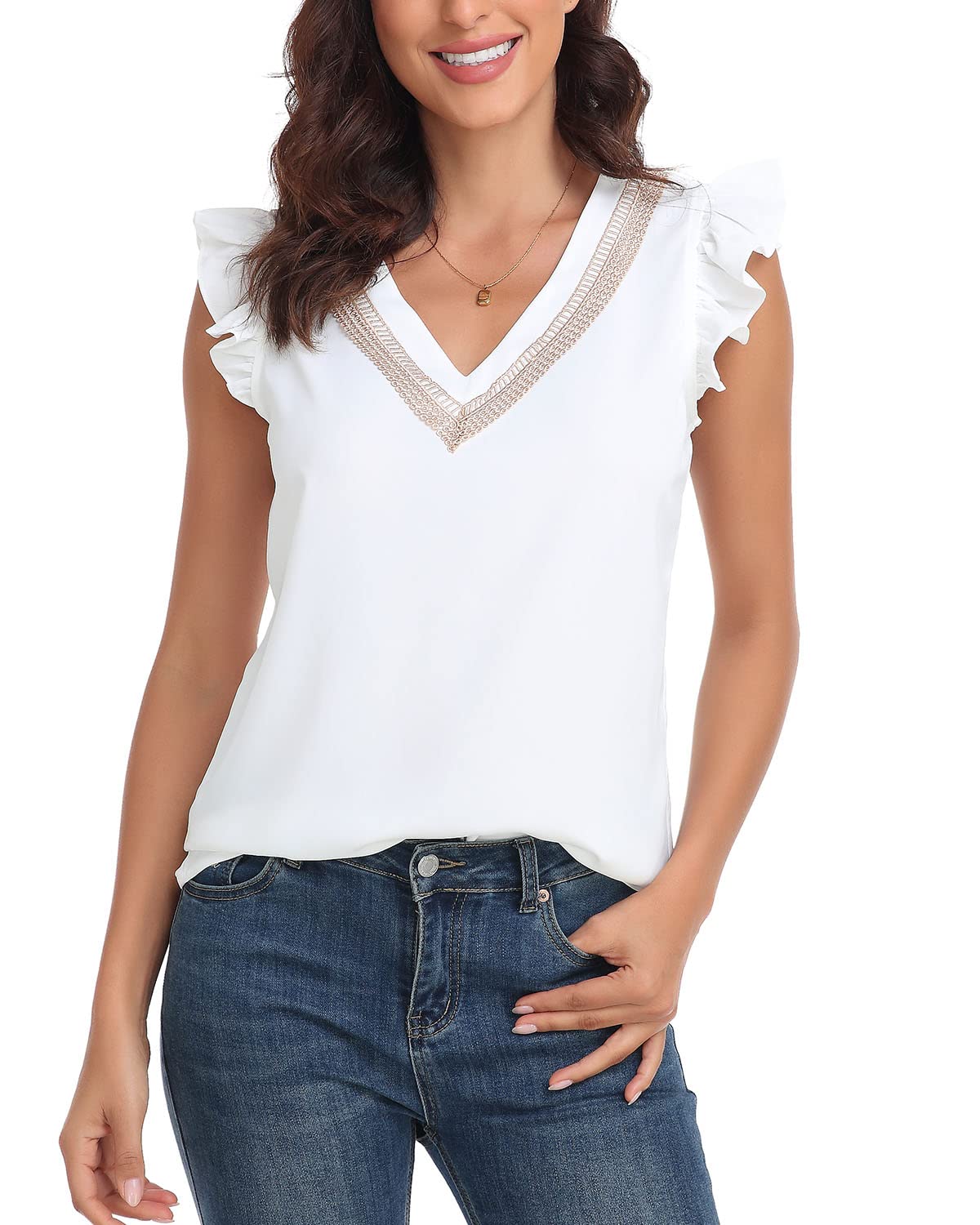 Dilgul Blusa Top Mujer Tank Top Verano Sin Mangas Volantes V-Cuello Blusa Casual Camisa Tops
