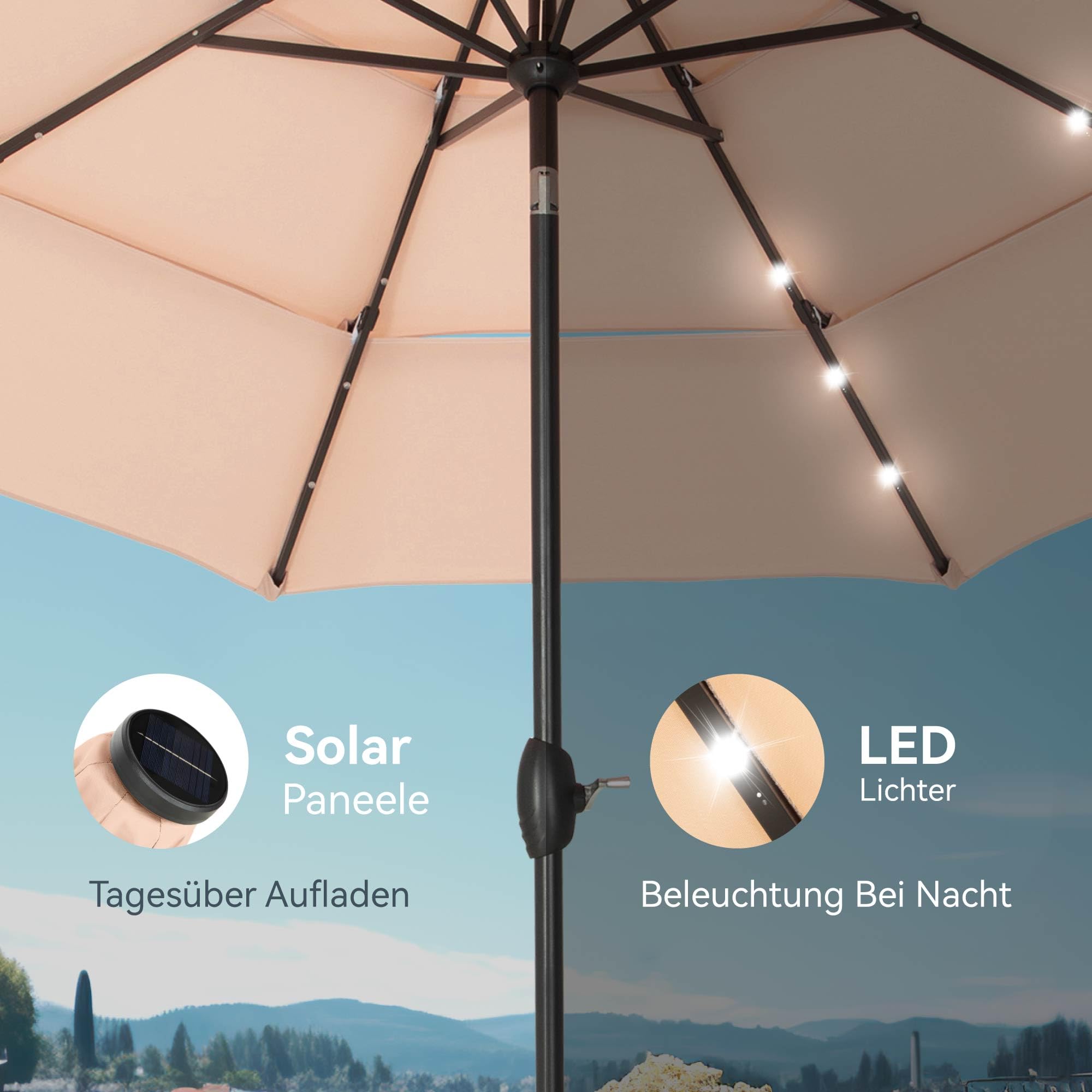 PHI VILLA Sonnenschirm Balkon Groß 300cm Balkonschirm Garten Terrasse Gartenschirm mit Kurbel UV Schutz Parasol Windfest