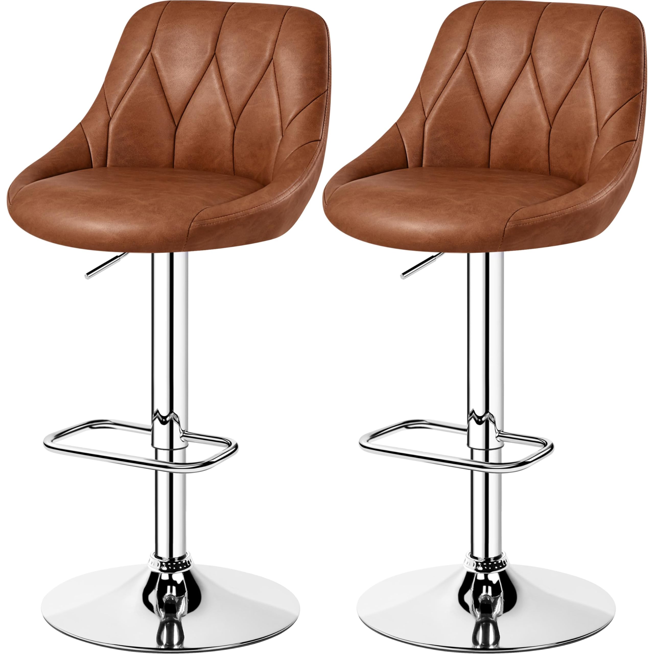 Yaheetech Juego de 2 Taburetes de Bar de Altura Ajustable 86-107,5 cm Sillas de Bar Asiento Giratorio Reposapiés Cuadrado Estructura de Metal Marrón Retro